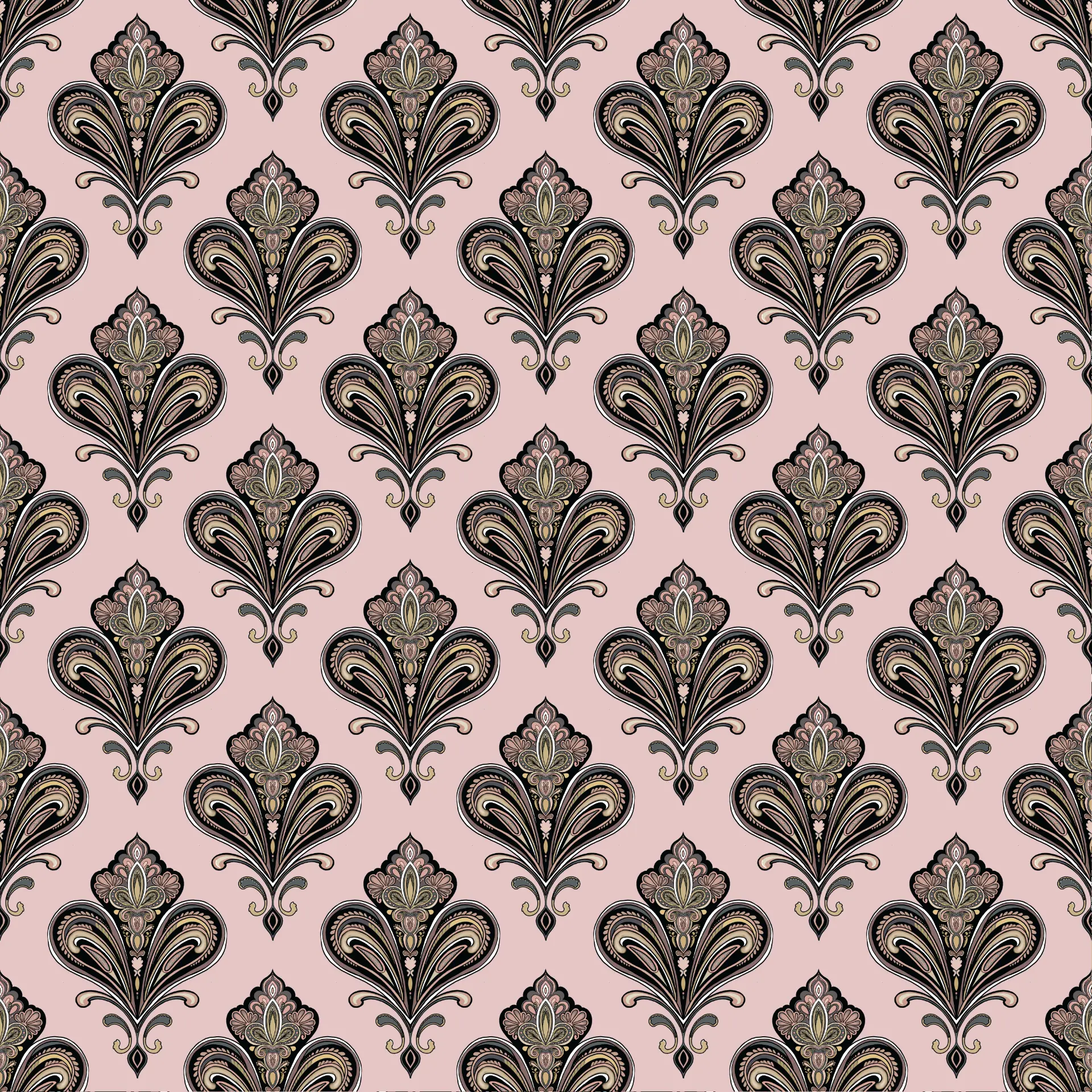 Ornate damask repeat in blush, black, and gold on a soft pink ground