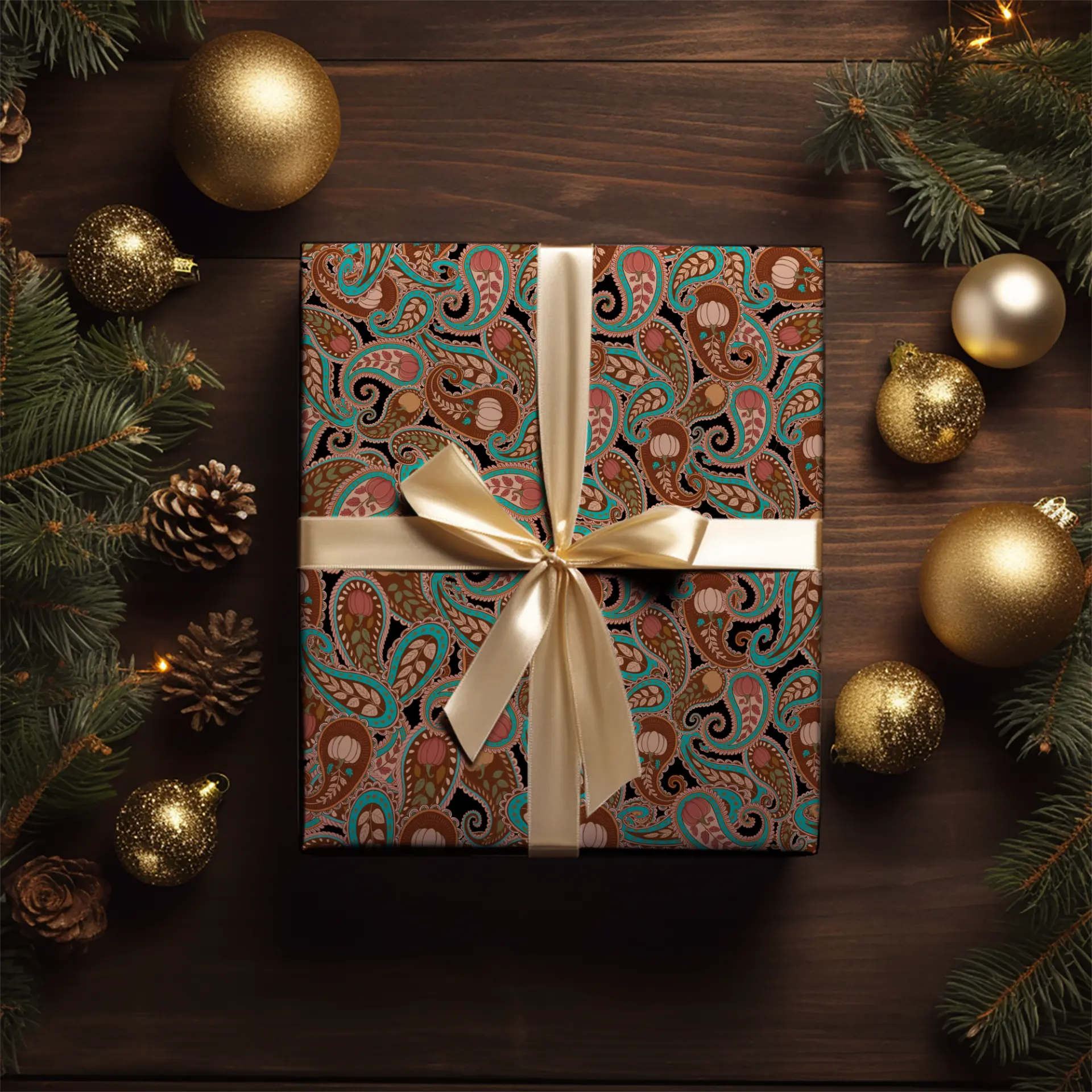Gift box wrapped in autumn pumpkin paisley paper with a cream ribbon on a dark wood table