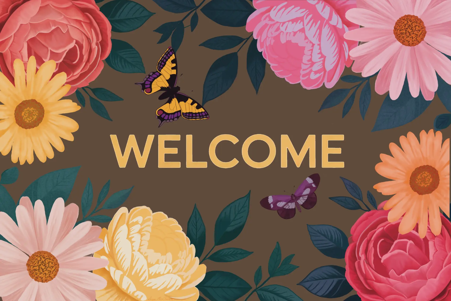 Floral Welcome mat design with peonies, daisies, and butterflies on a warm brown ground