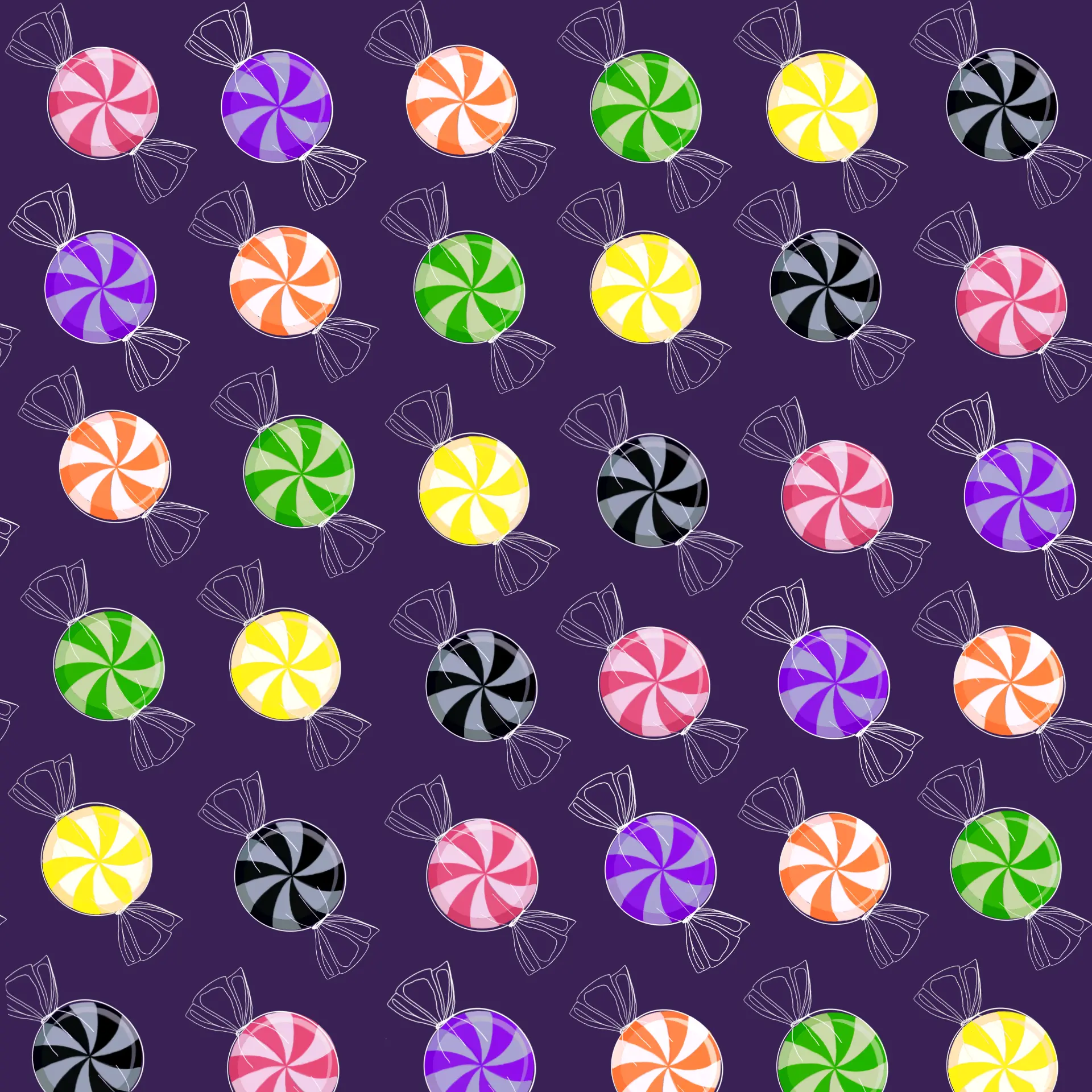 Swirl candy repeat pattern on a purple ground