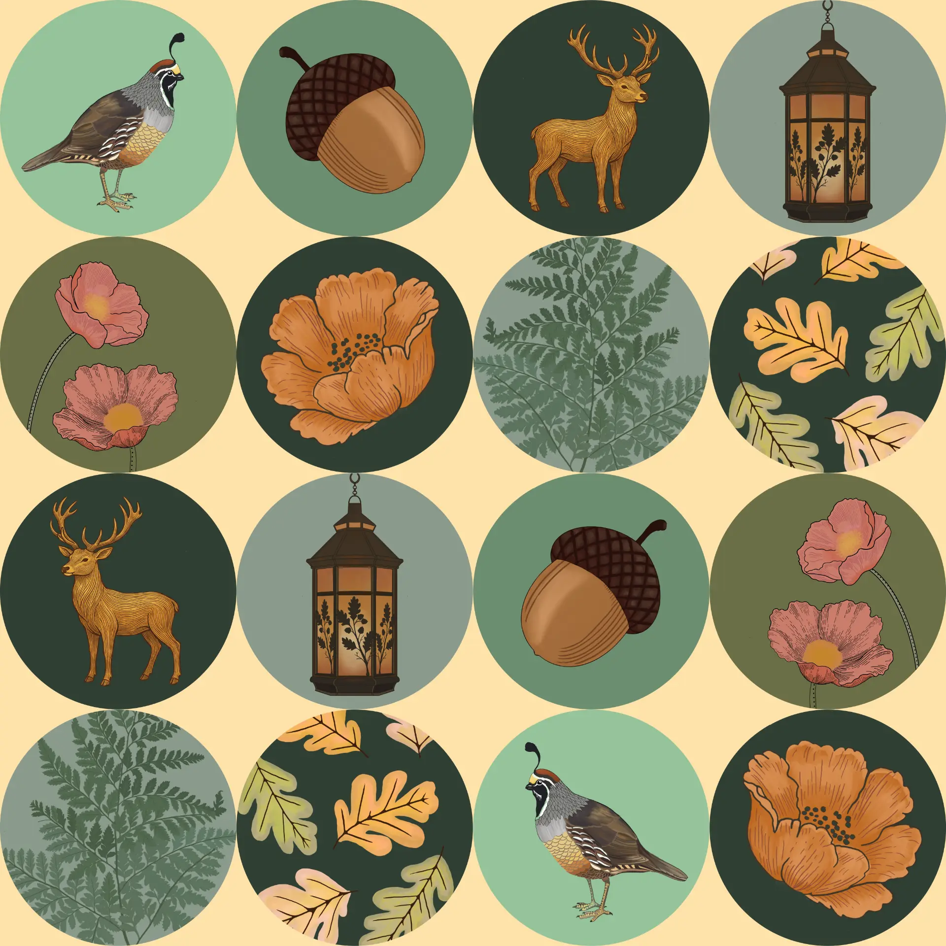 Pine Hollow icon sheet with quail, acorn, stag, lantern, poppies, and fern medallions on green circles