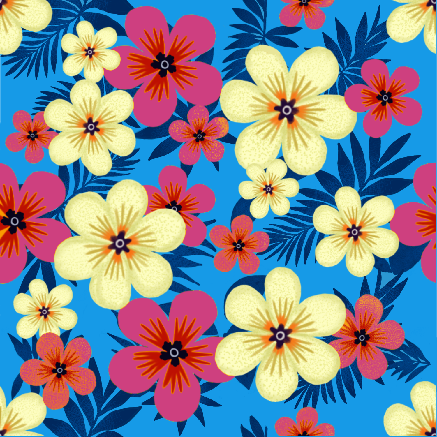 Tropical floral repeat in butter yellow and pink on bright blue