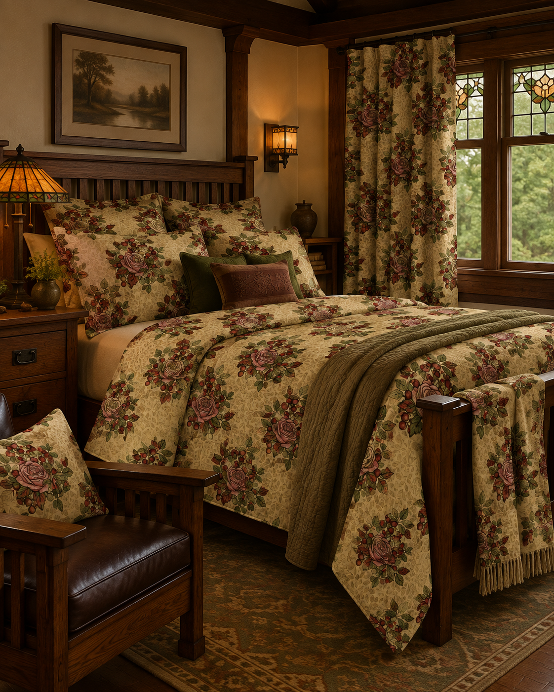 Rose and rosehip bouquet repeat on curtains, bedding, pillow shams, a throw, and a cushion in a Craftsman bedroom