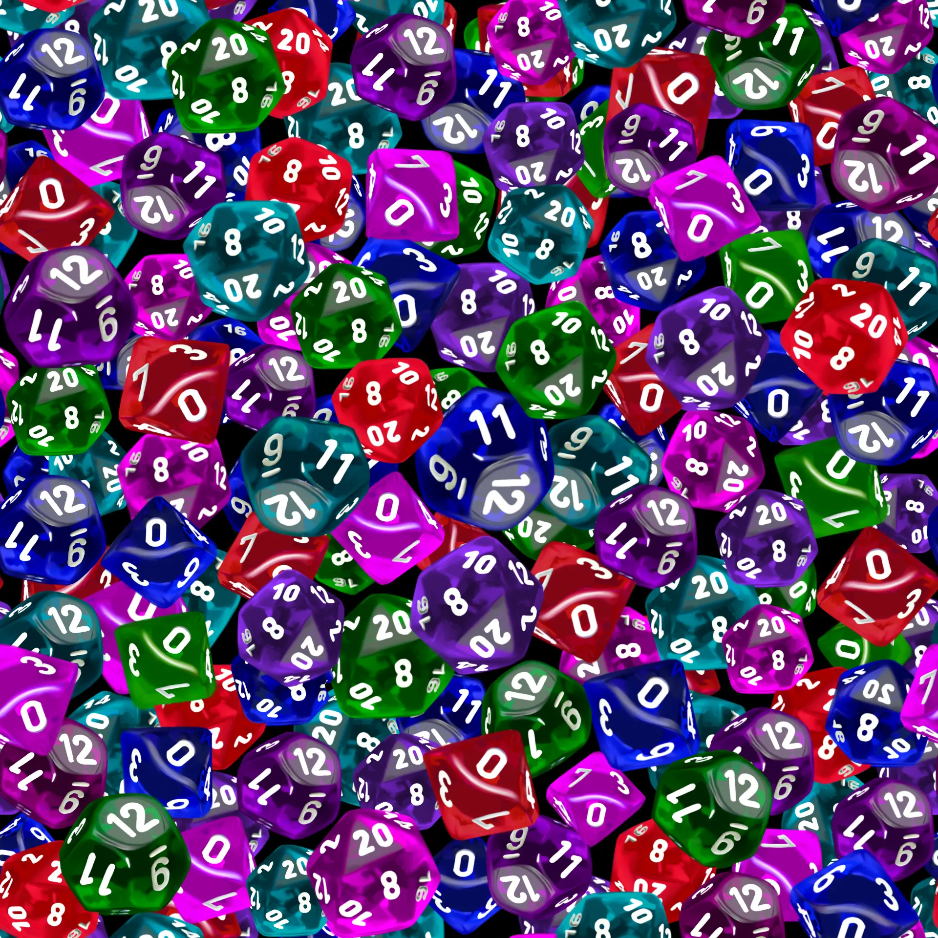 Dense polyhedral dice repeat in jewel tones on black