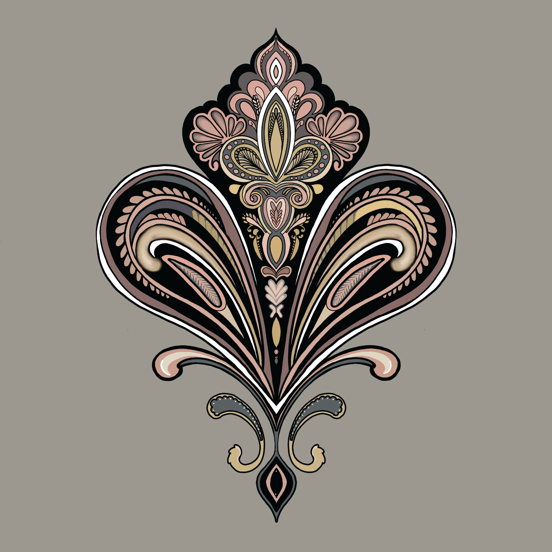 Single ornate damask motif in blush, black, and gold on a warm grey ground