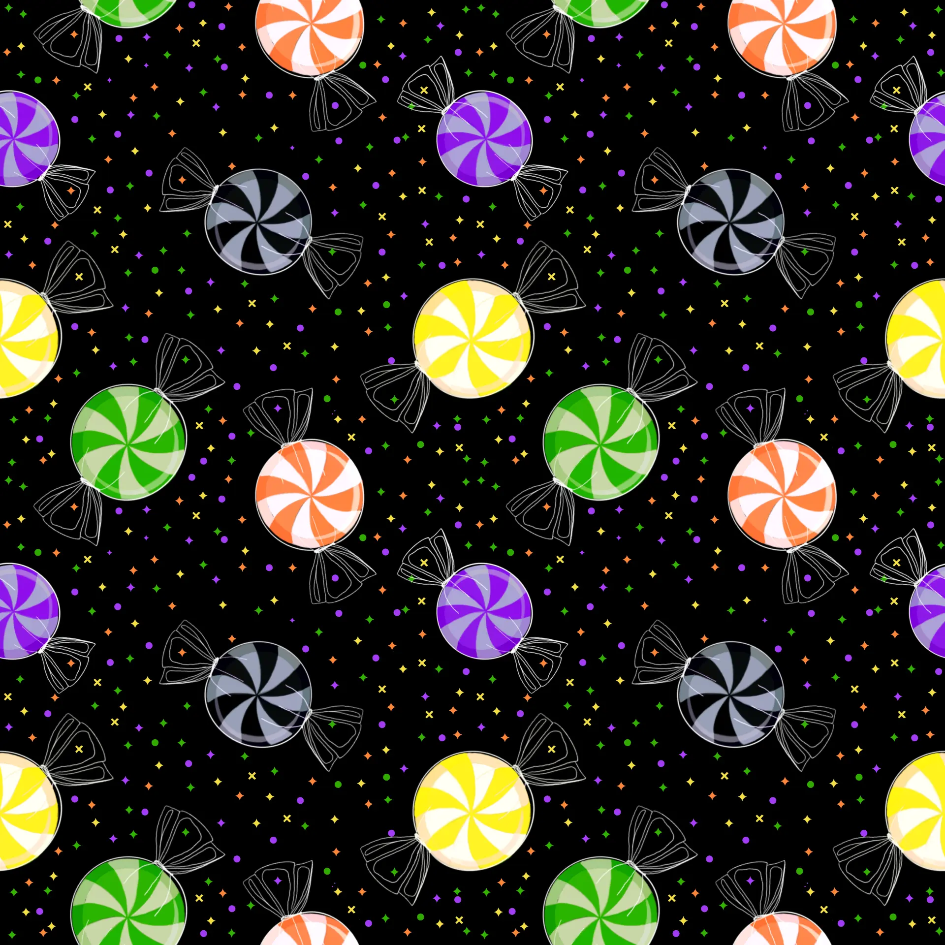 Wrapped candy toss repeat with confetti dots on a black ground