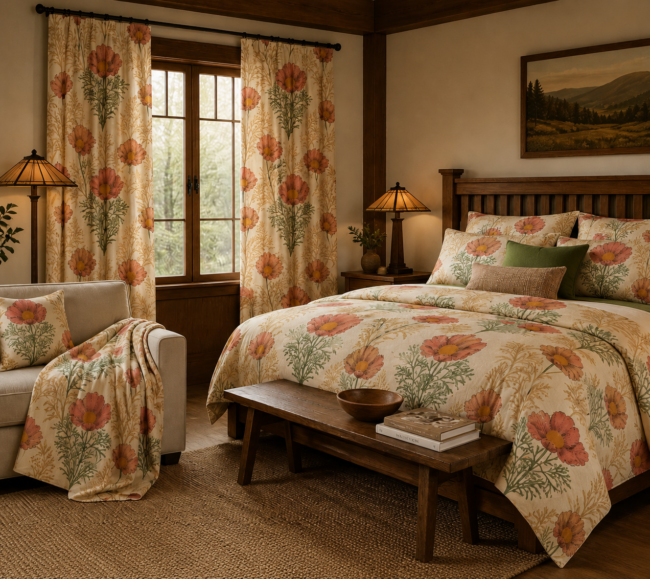 Poppy field repeat on curtains, bedding, cushions, and a throw in a warm Craftsman bedroom