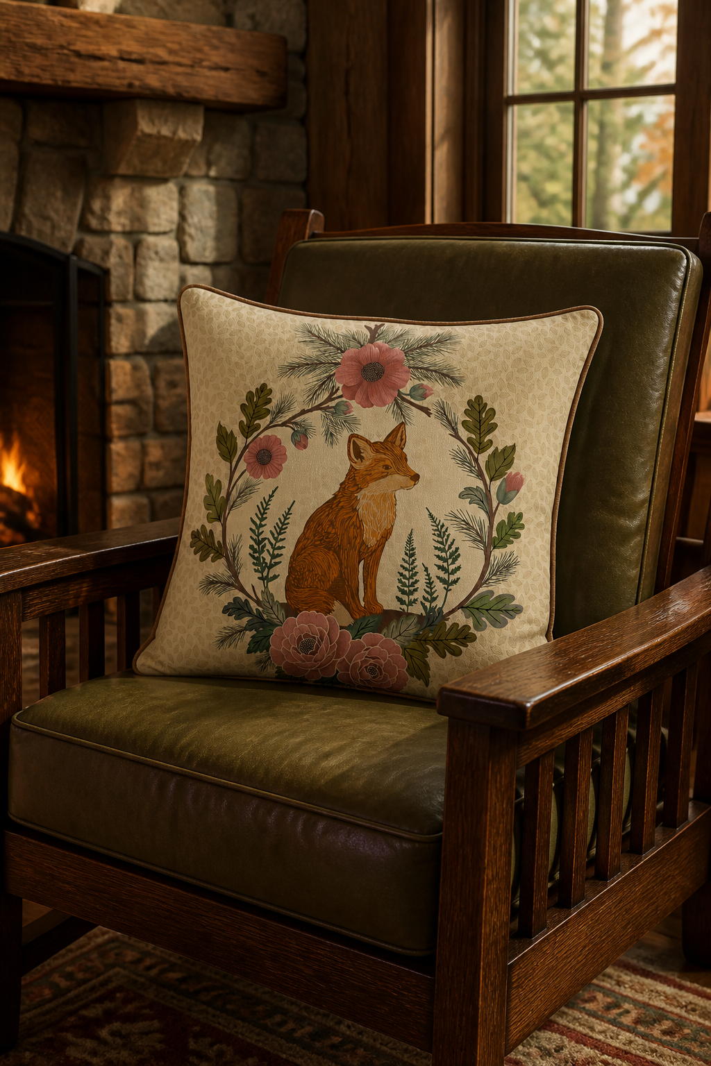 Fox wreath motif printed on a cushion resting on an olive leather Craftsman chair beside a lit fireplace