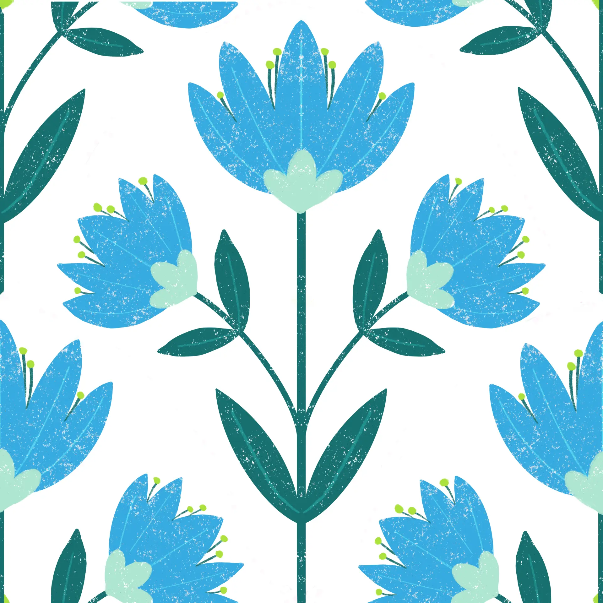 Stylised blue flower repeat with deep teal leaves on white