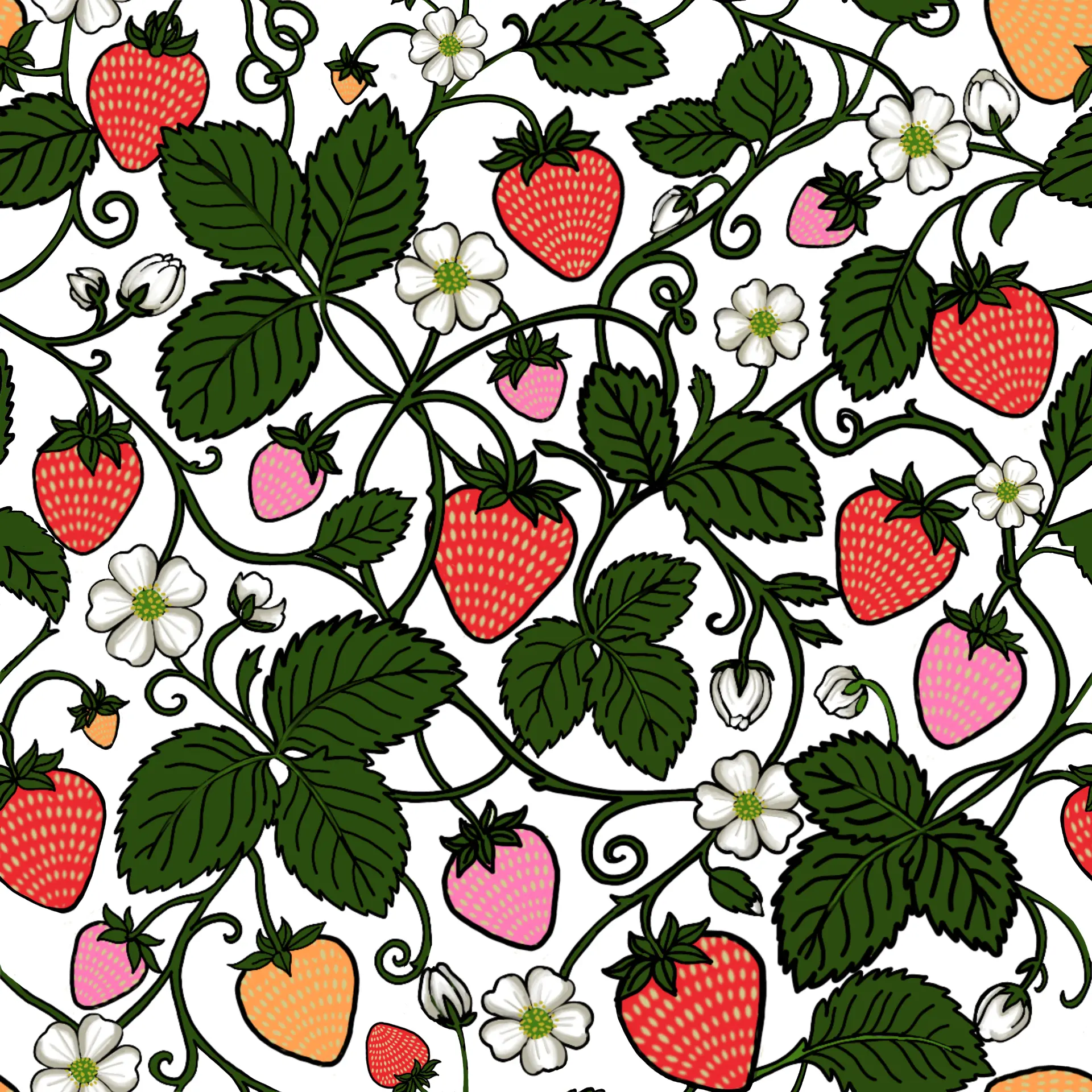 Strawberry vine repeat with blossoms and scrolling leaves on white