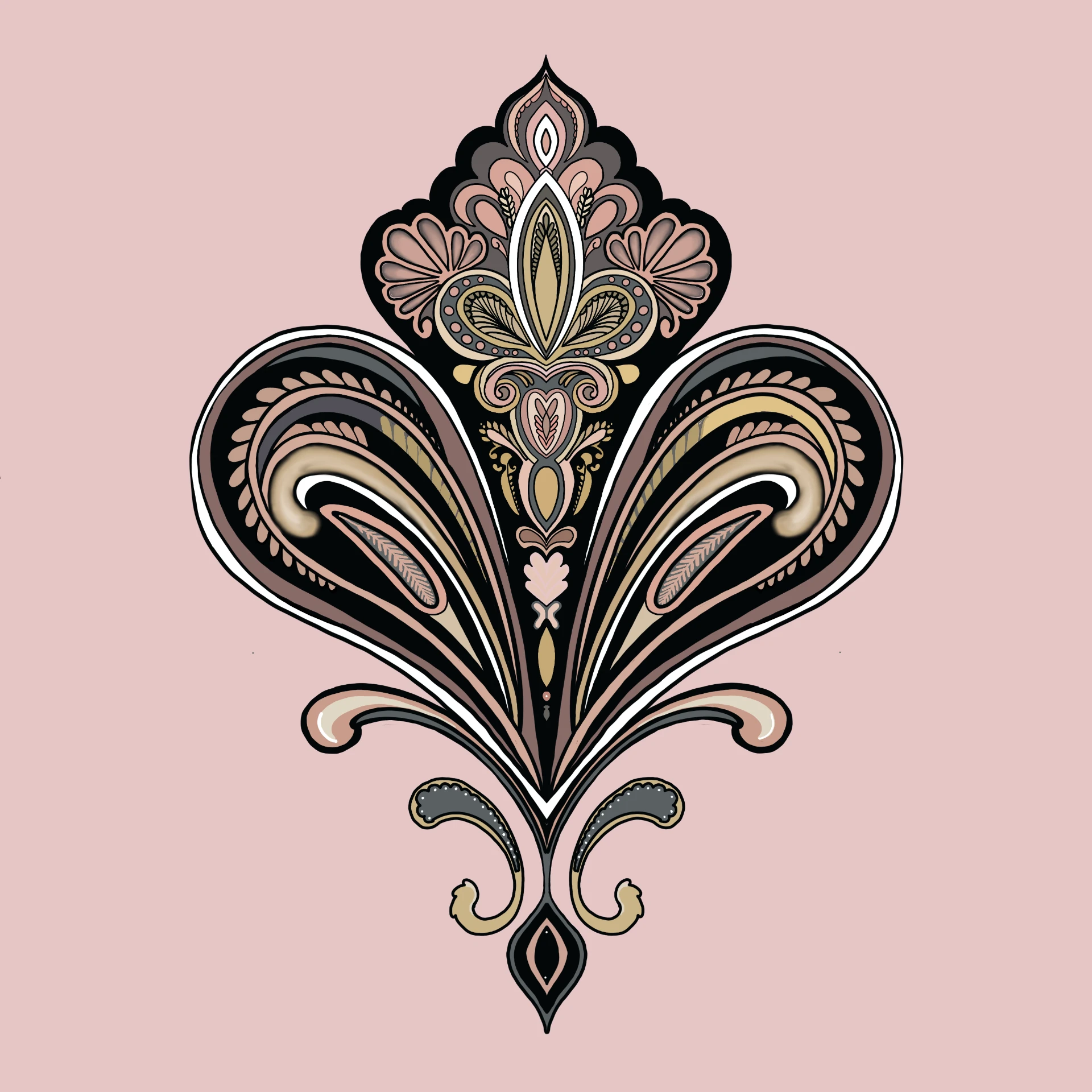 Single ornate damask motif in blush, black, and gold on a soft pink ground