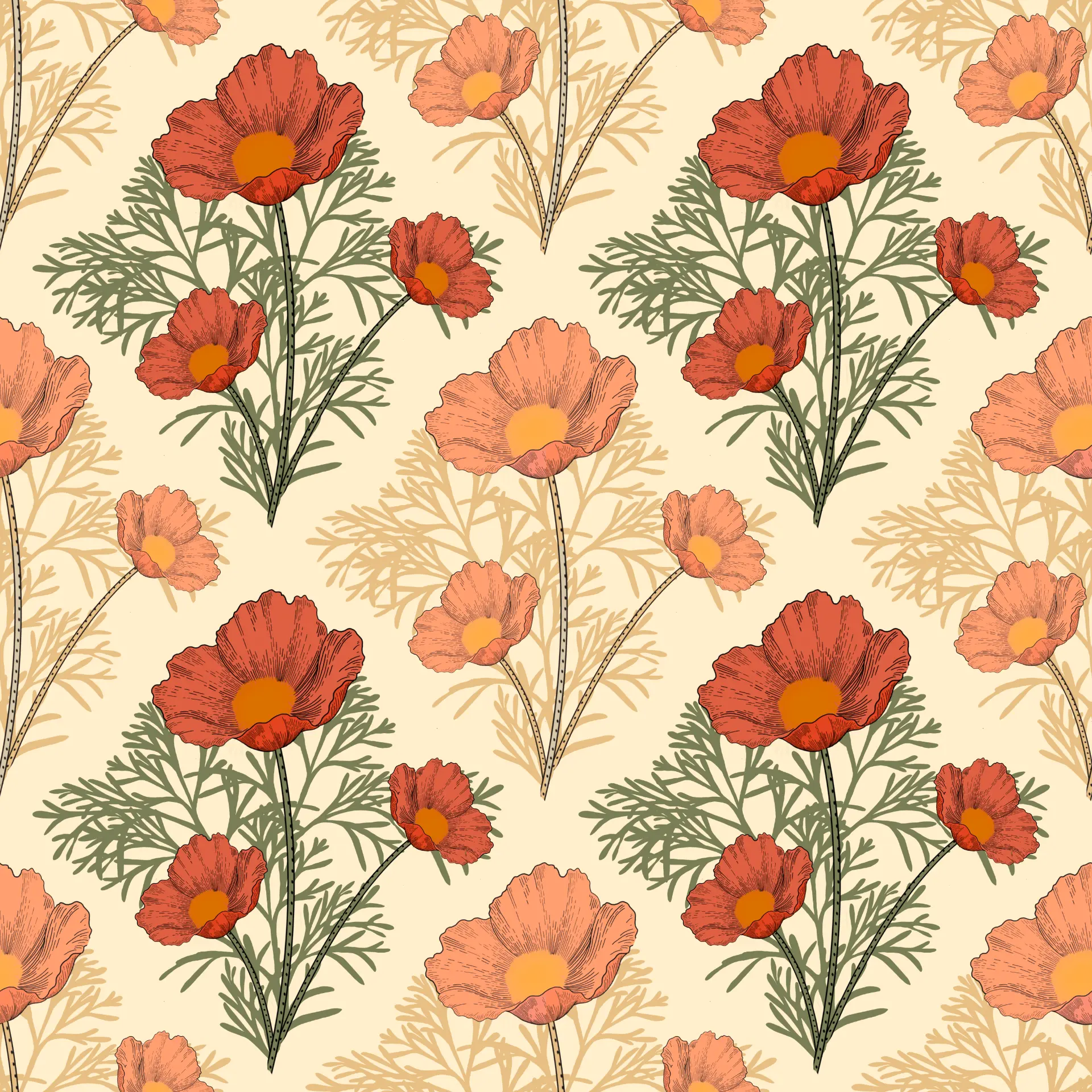 Poppy repeat pattern in coral and sage on a warm cream ground