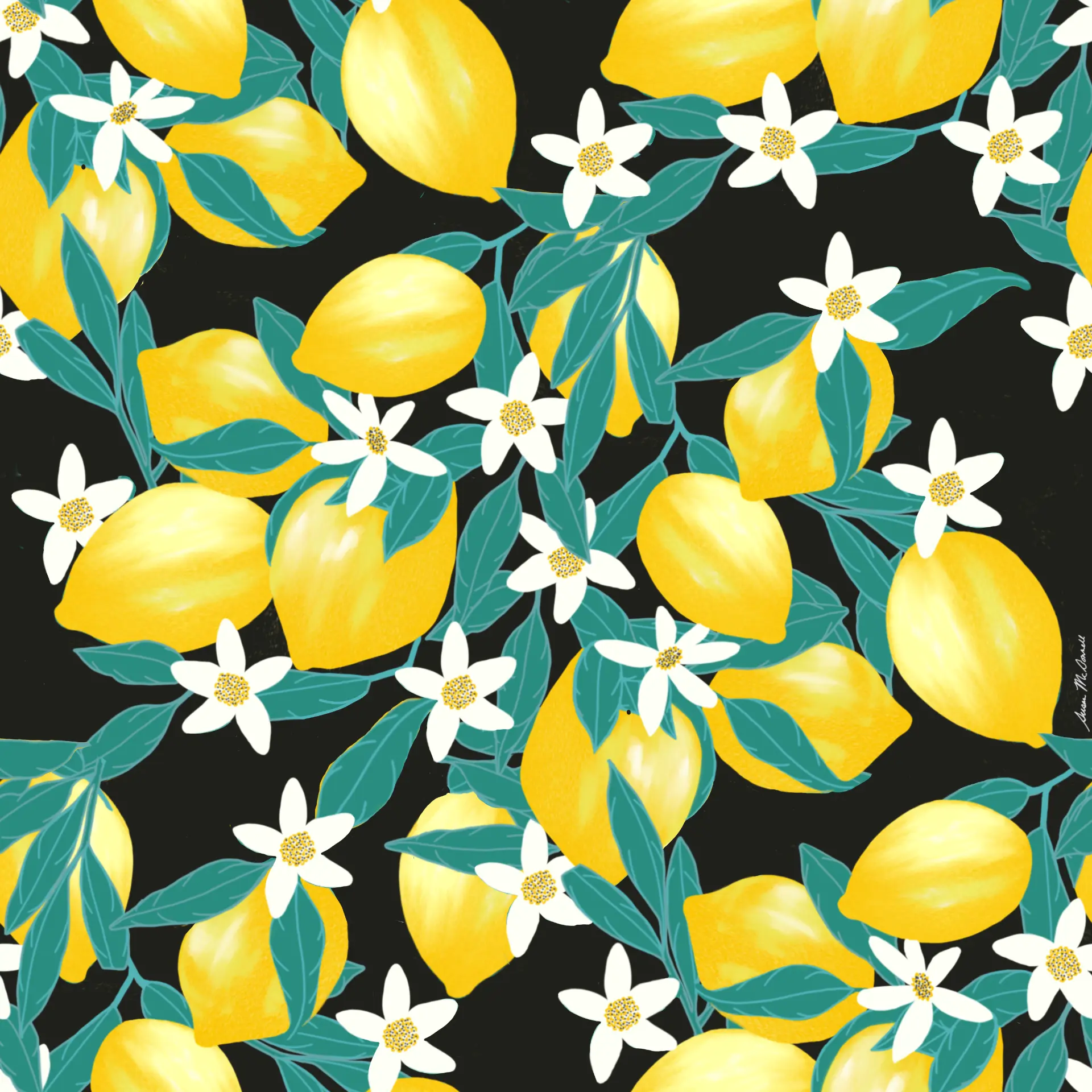 Lemon and blossom ogee repeat on black
