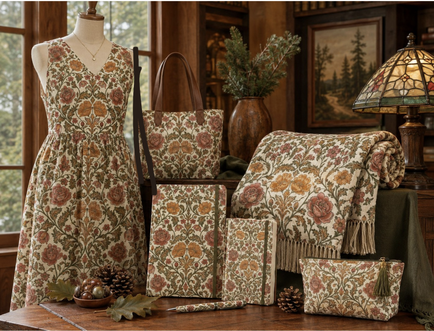 Heirloom garden floral applied to a dress, tote, journals, throw, and pouch in a lodge setting