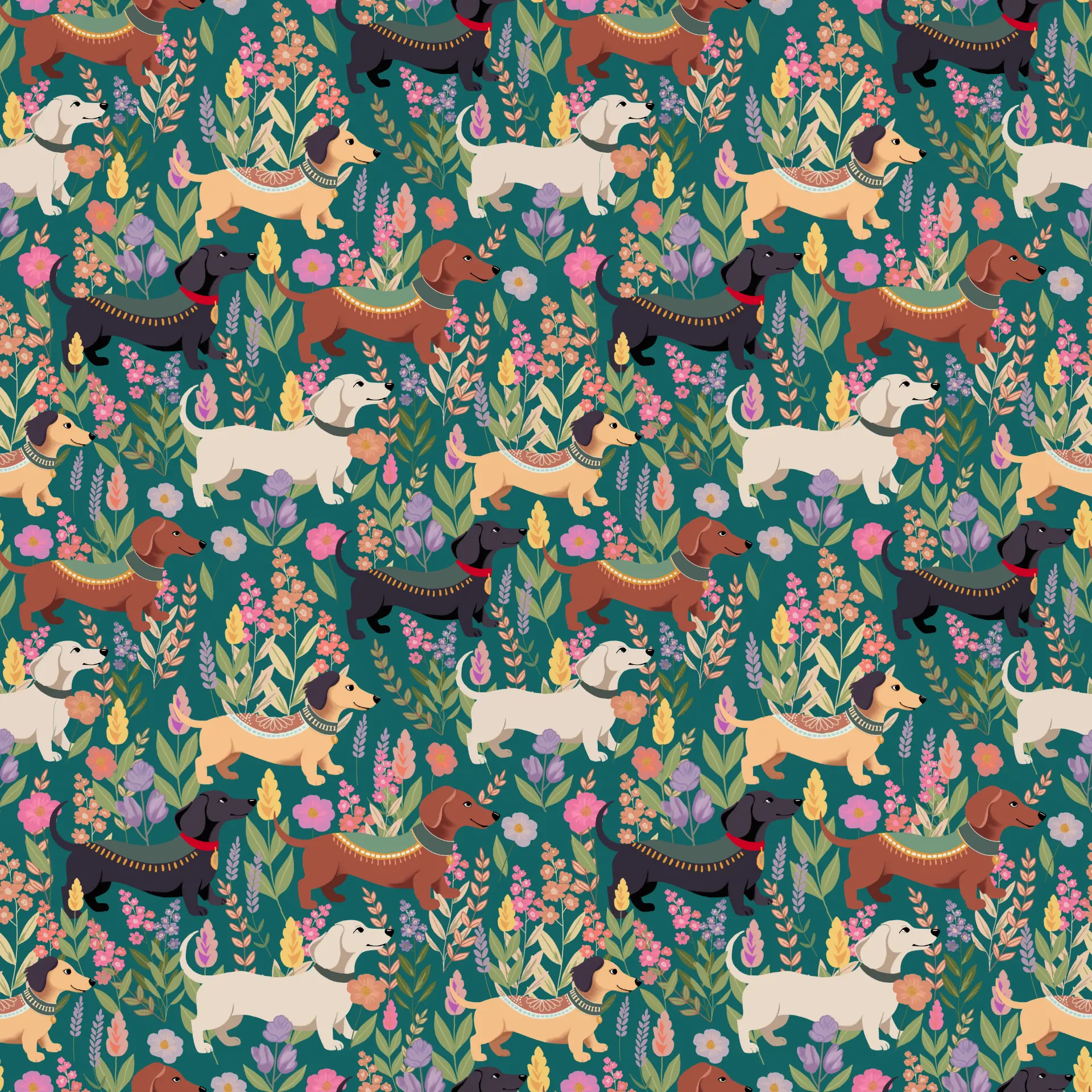Dachshund and floral repeat pattern