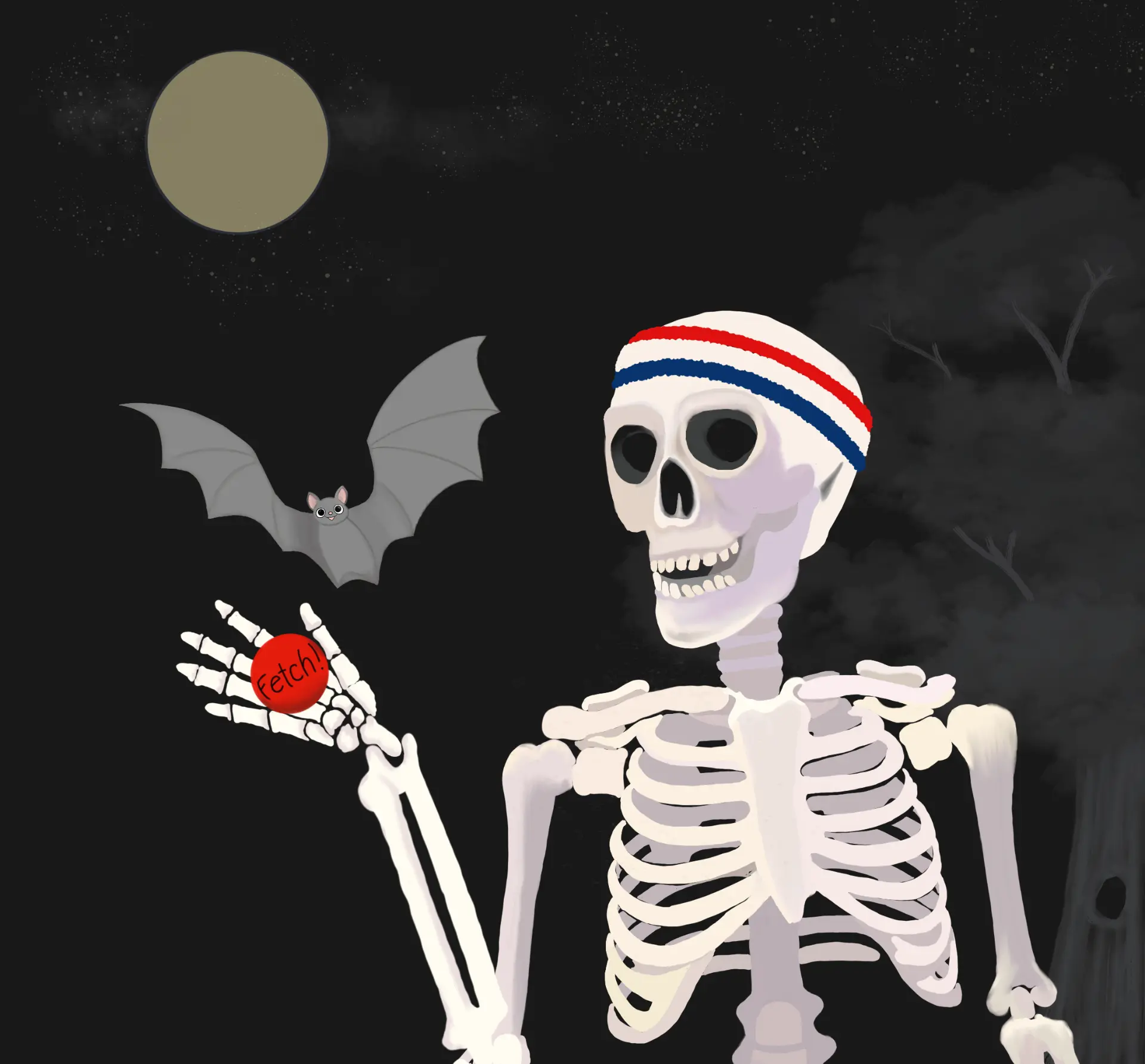 Skeleton in a sweatband holding a red Fetch ball with a bat and full moon