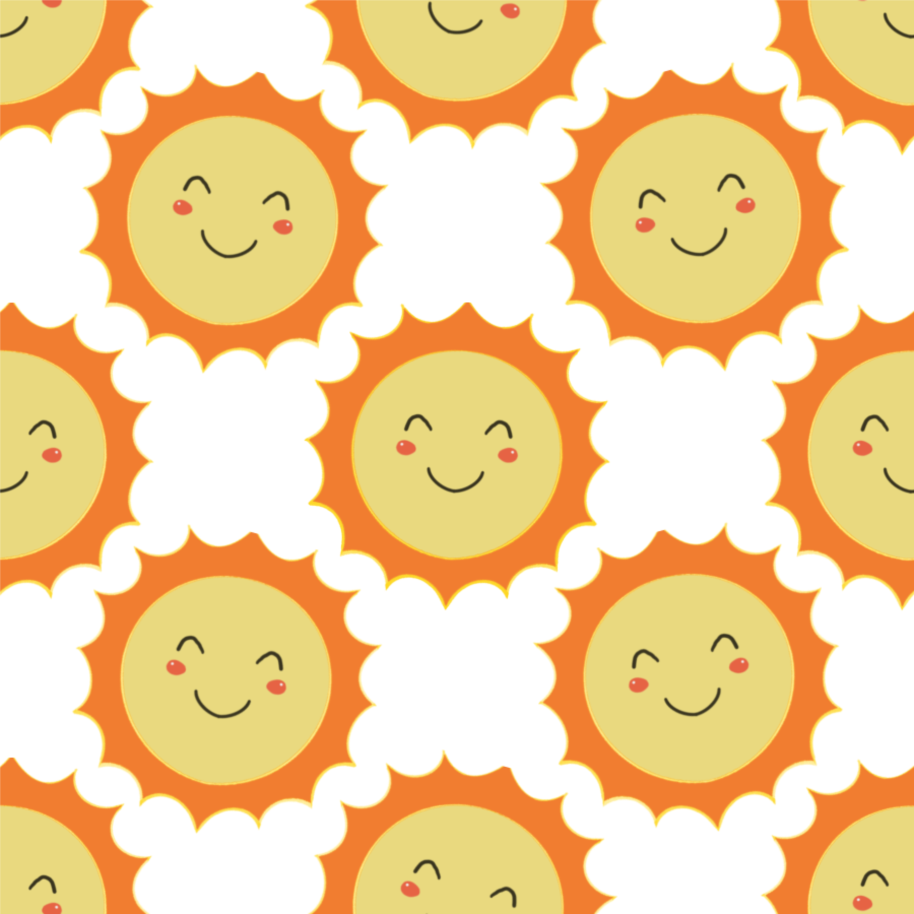 Smiling sun and cloud repeat in yellow, coral, and white