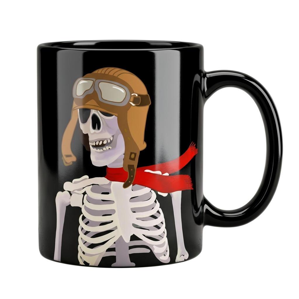 Black mug printed with an aviator skeleton illustration
