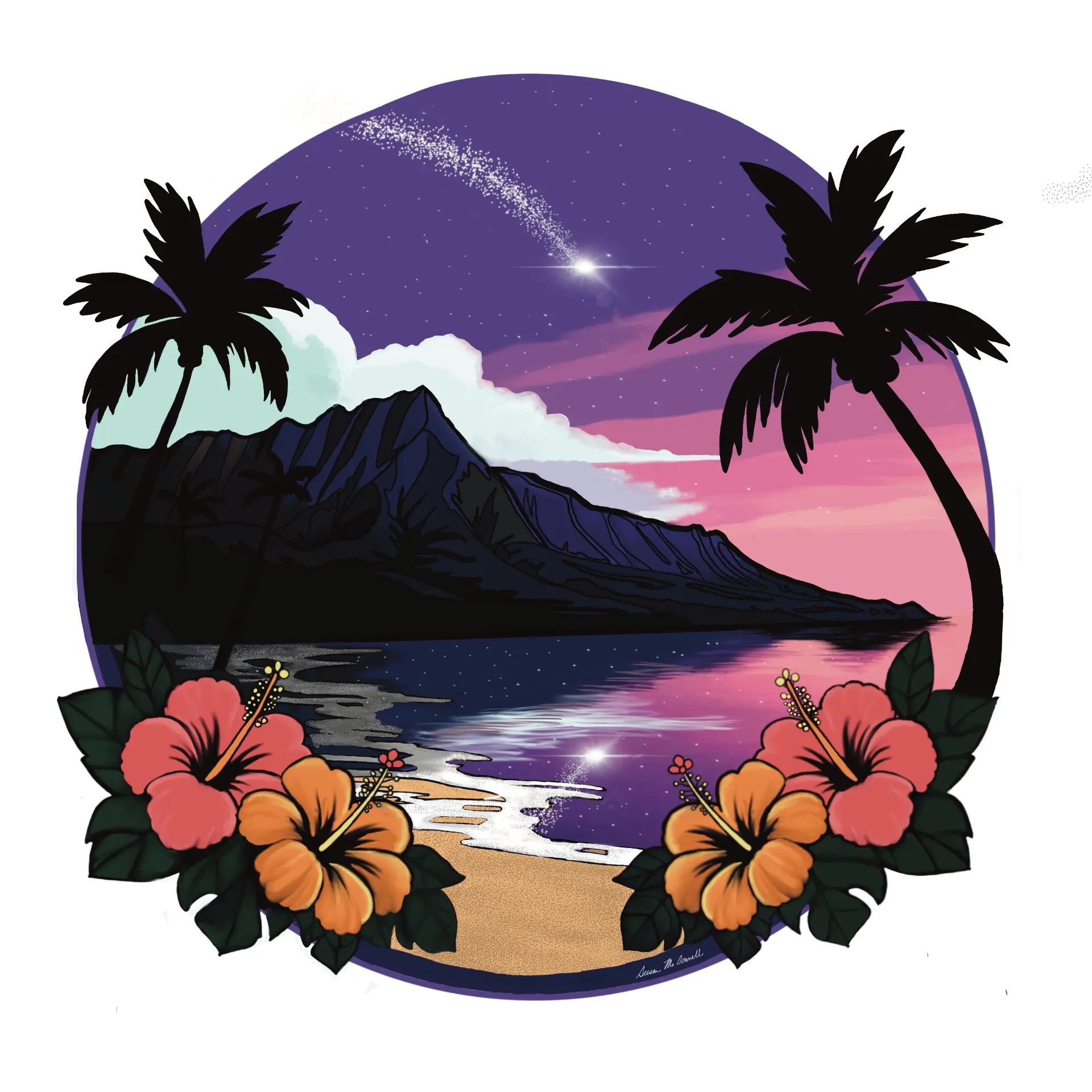 Diamond Head beach scene with palms and surf