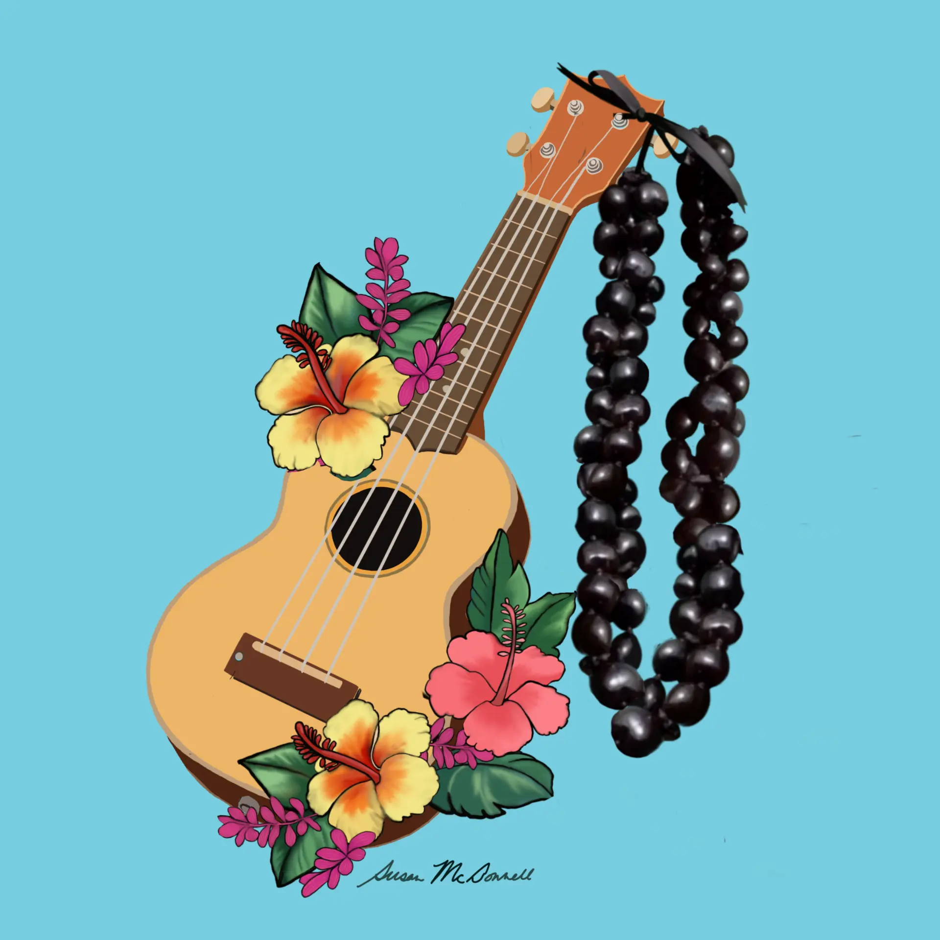 Ukulele draped with a black flower lei