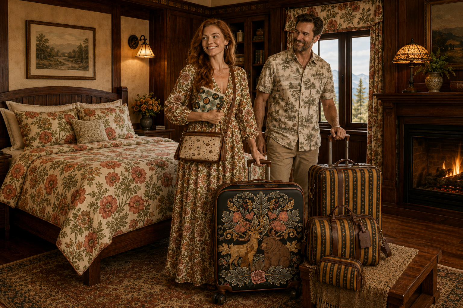 Heirloom garden bedding and dress with woodland stripe luggage and a lodge centrepiece suitcase in a Craftsman guest room