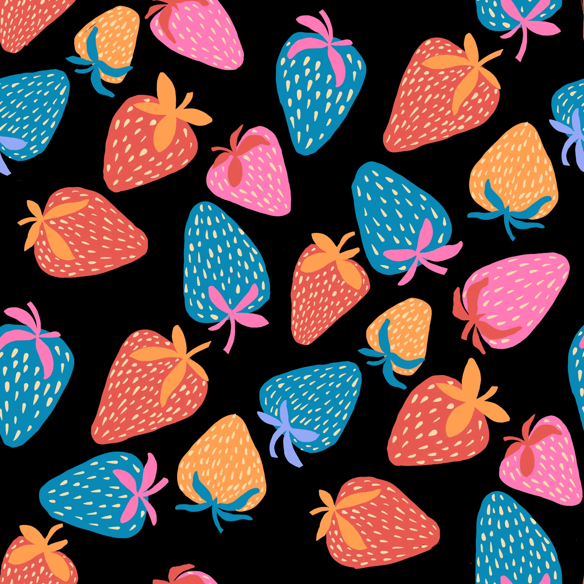 Bold strawberry toss repeat in red, pink, blue, and orange on black