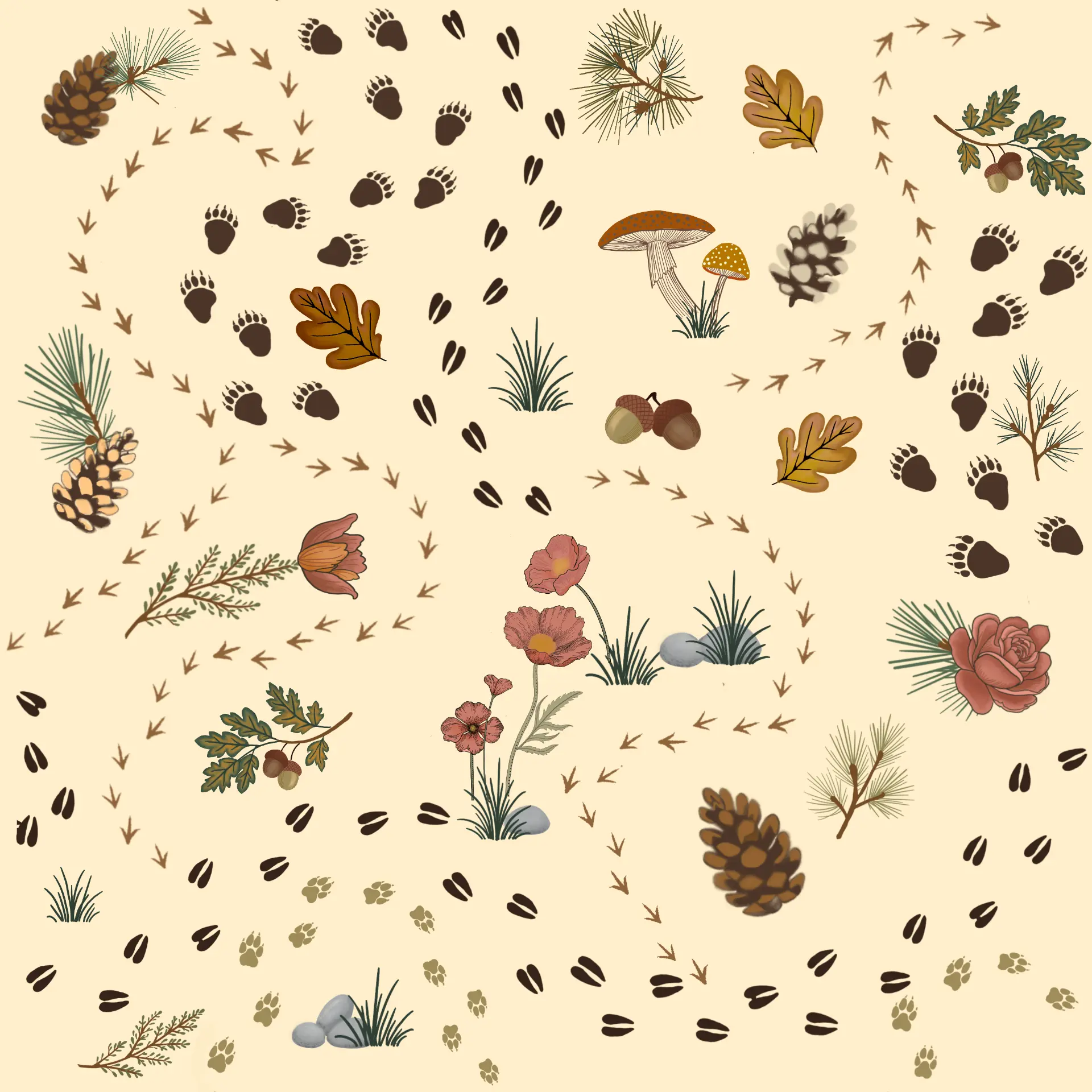 Open forest floor secondary print with animal tracks, pinecones, oak leaves, and roses on a pale cream ground