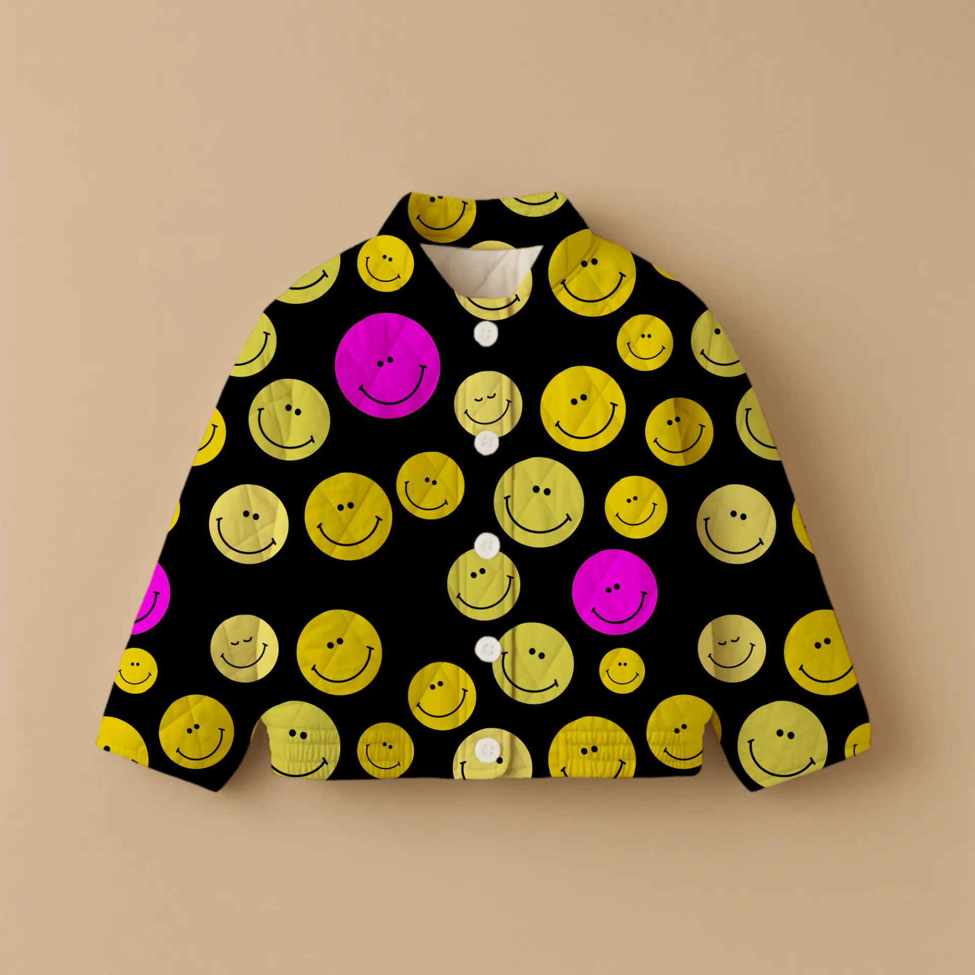 Quilted jacket mockup in the black and yellow smiley face repeat