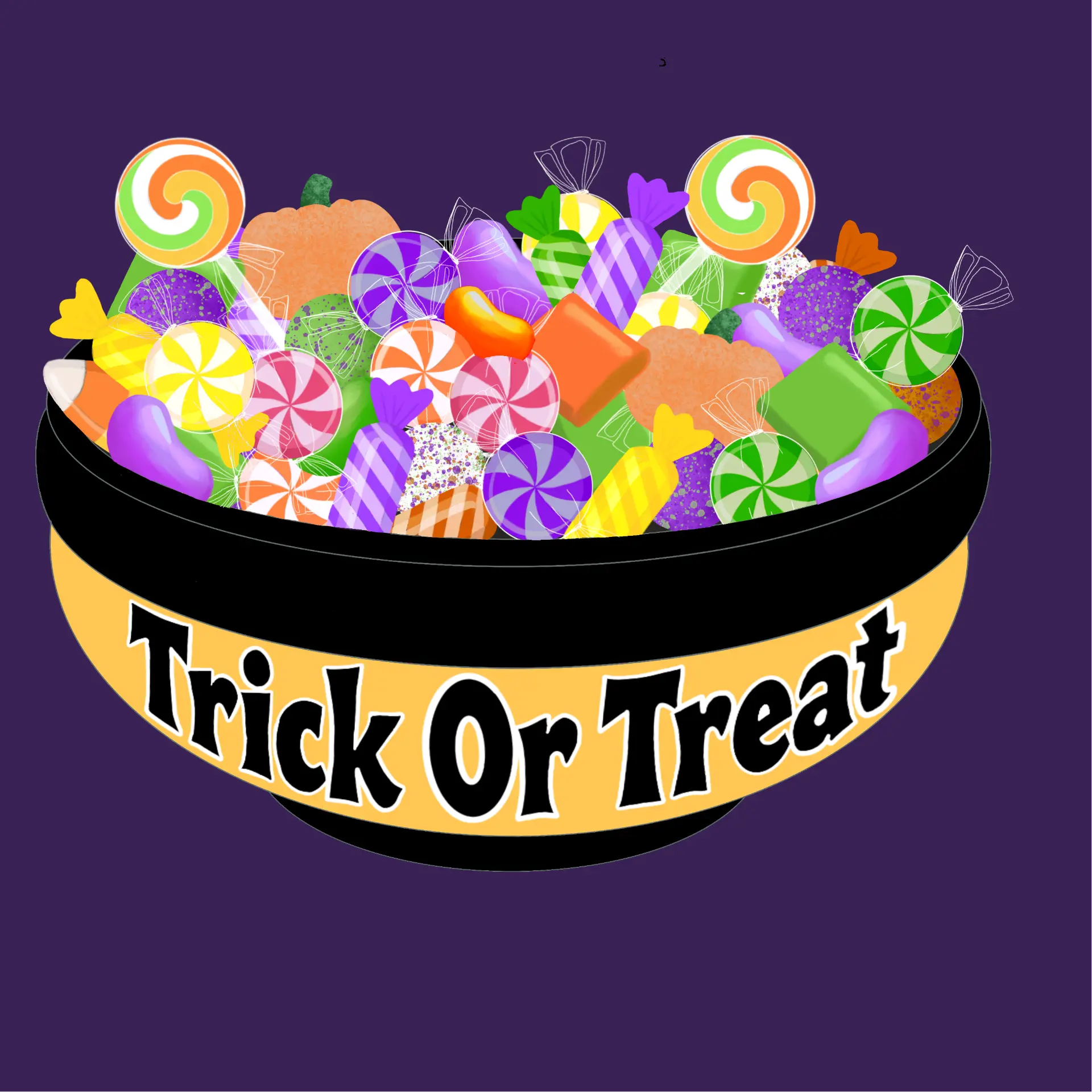 Trick Or Treat candy bowl illustration filled with wrapped sweets