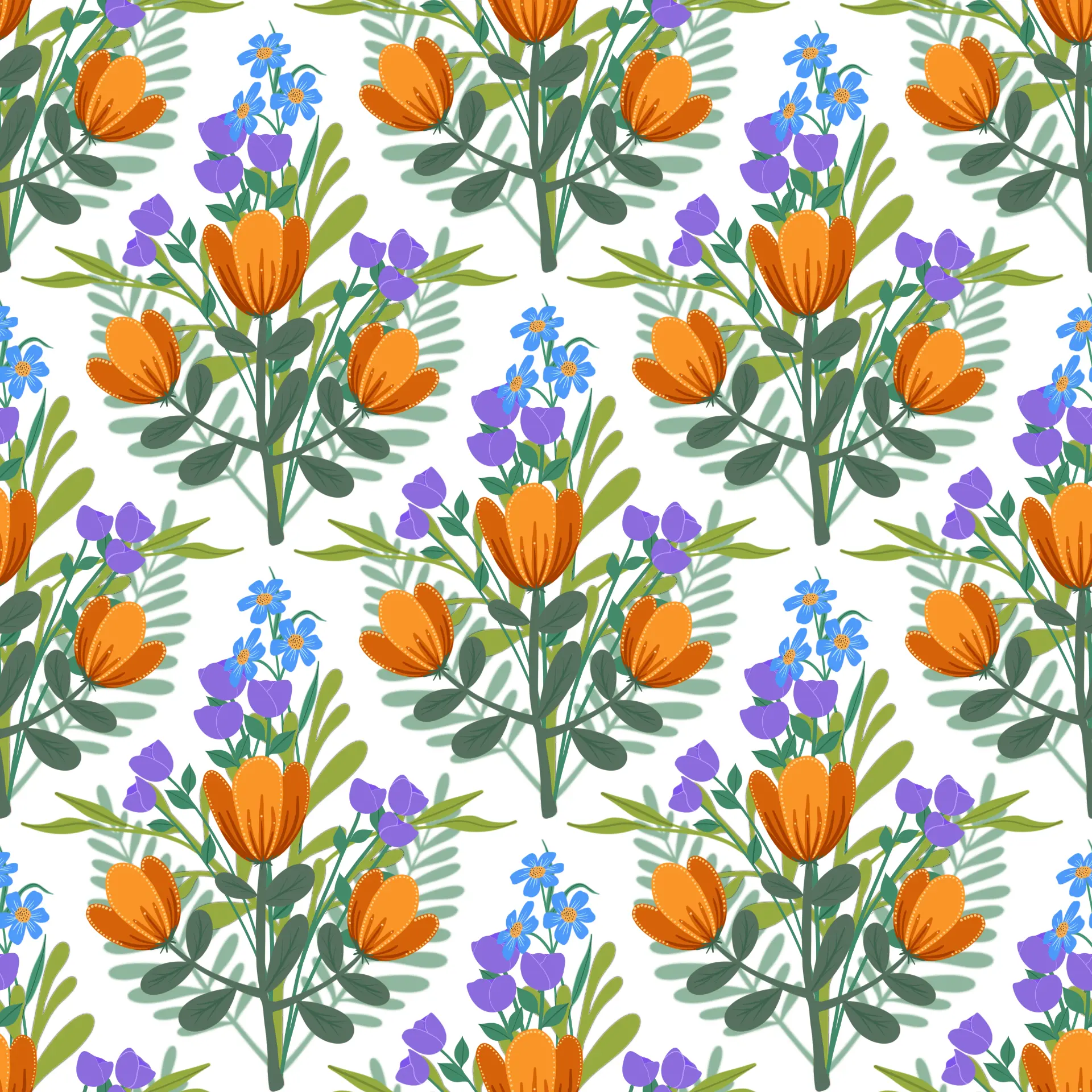 Tulip bouquet repeat in orange and purple on white