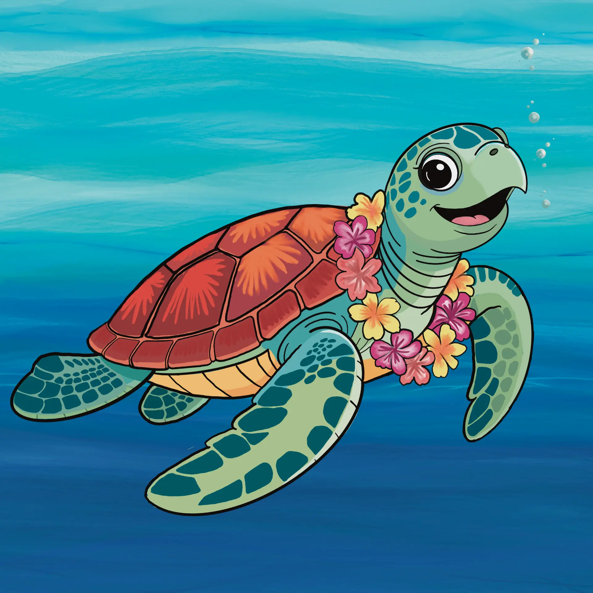 Smiling sea turtle wearing a flower lei, swimming in tropical blue water