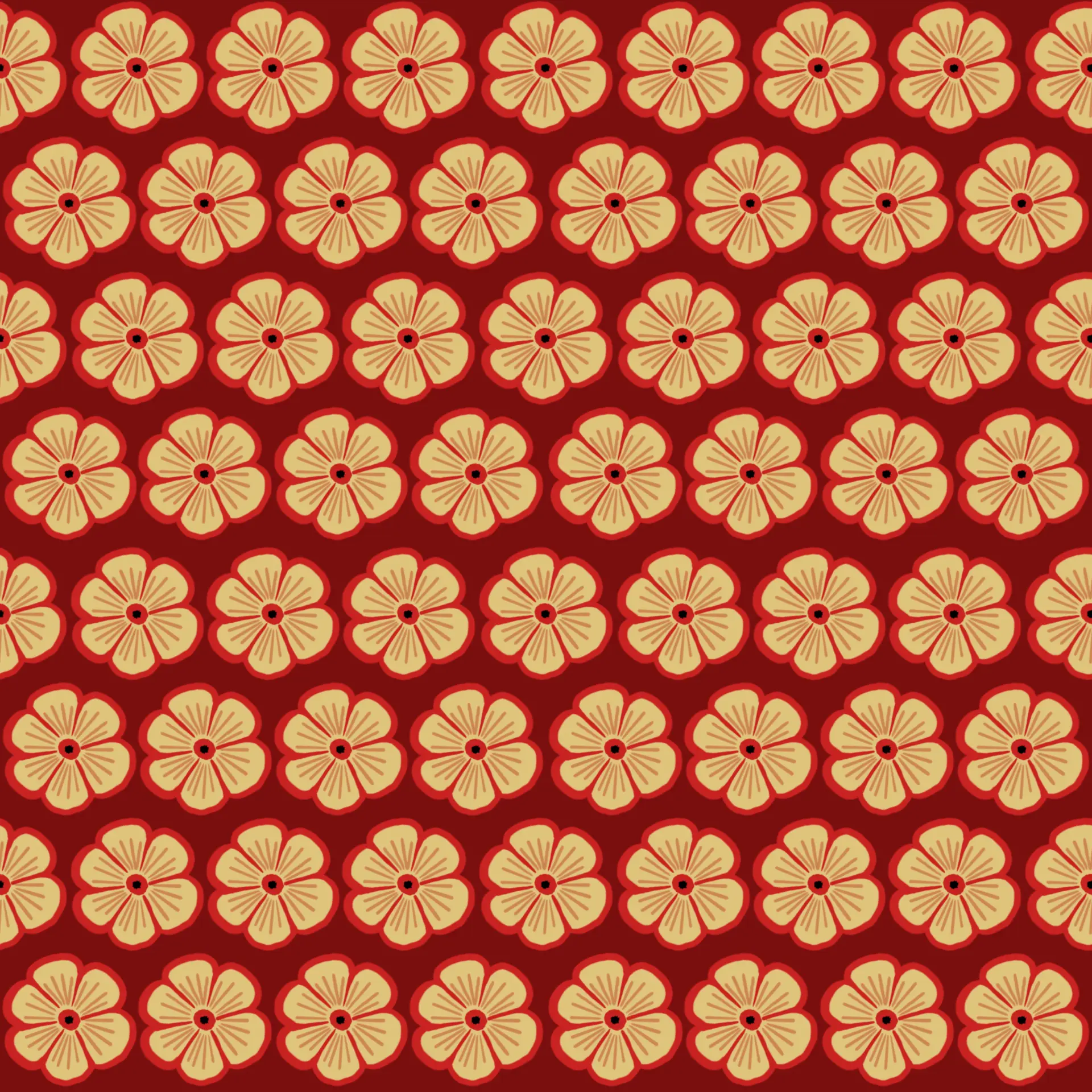 Seamless repeat of golden blossoms with red outlines on a deep red ground