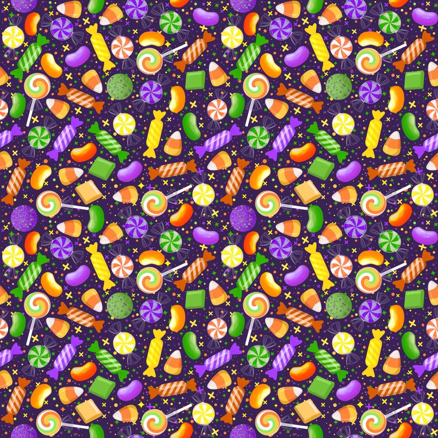 Sugar Rush candy repeat pattern in orange, green, and yellow on a purple ground