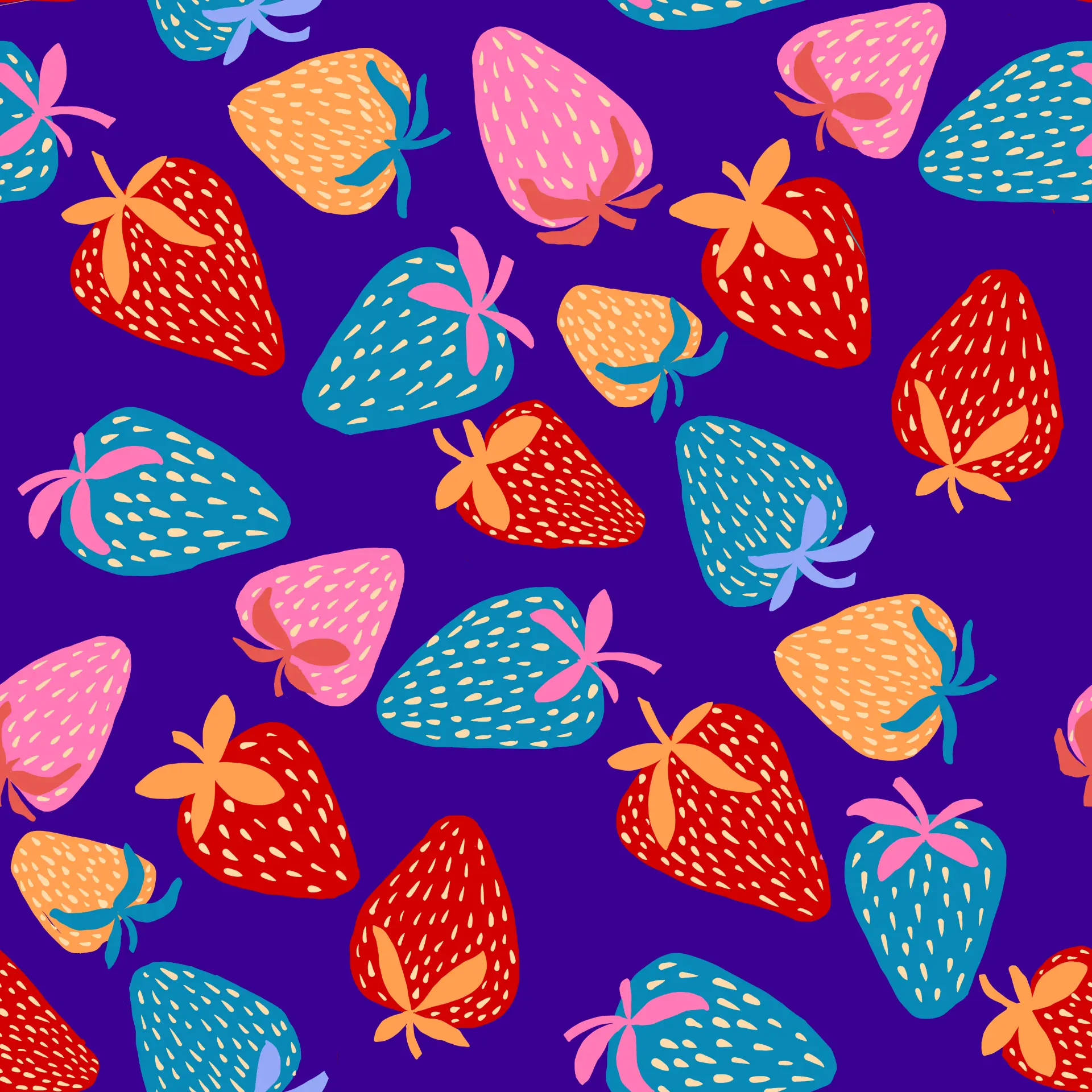 Strawberry toss repeat in red, blue, and pink on violet