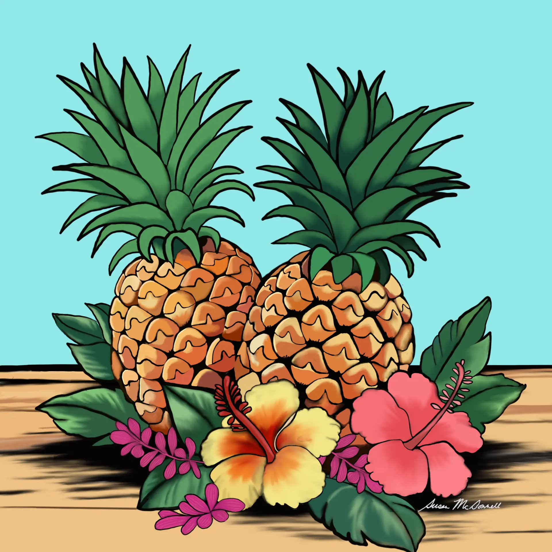 Two pineapples with hibiscus blooms on a sunlit table against turquoise sky