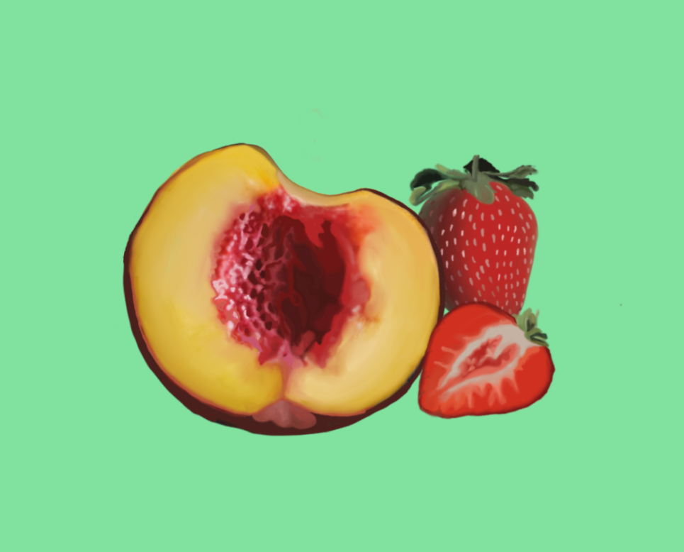 Painted peach half with strawberries on a mint green ground