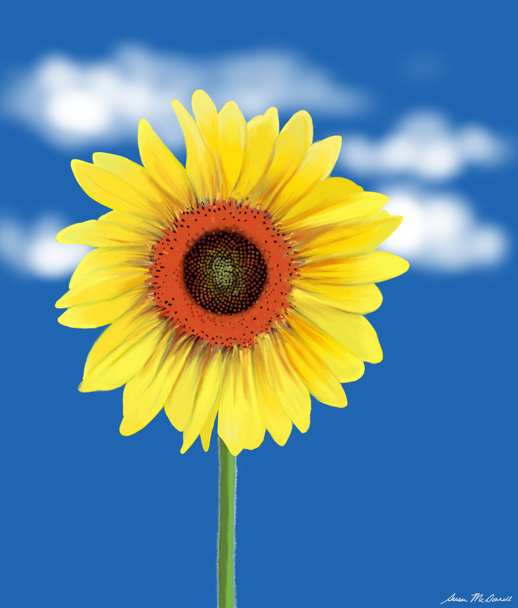 Sunflower against a blue sky with clouds