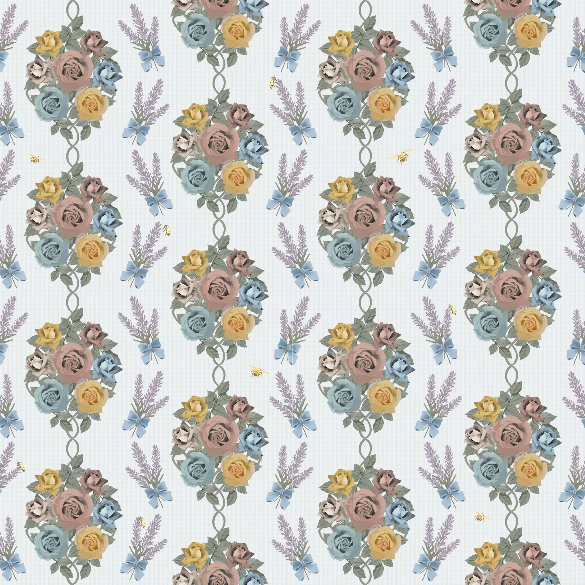 Vintage rose and lavender stripe repeat with blue bows and bees on a pale blue ground