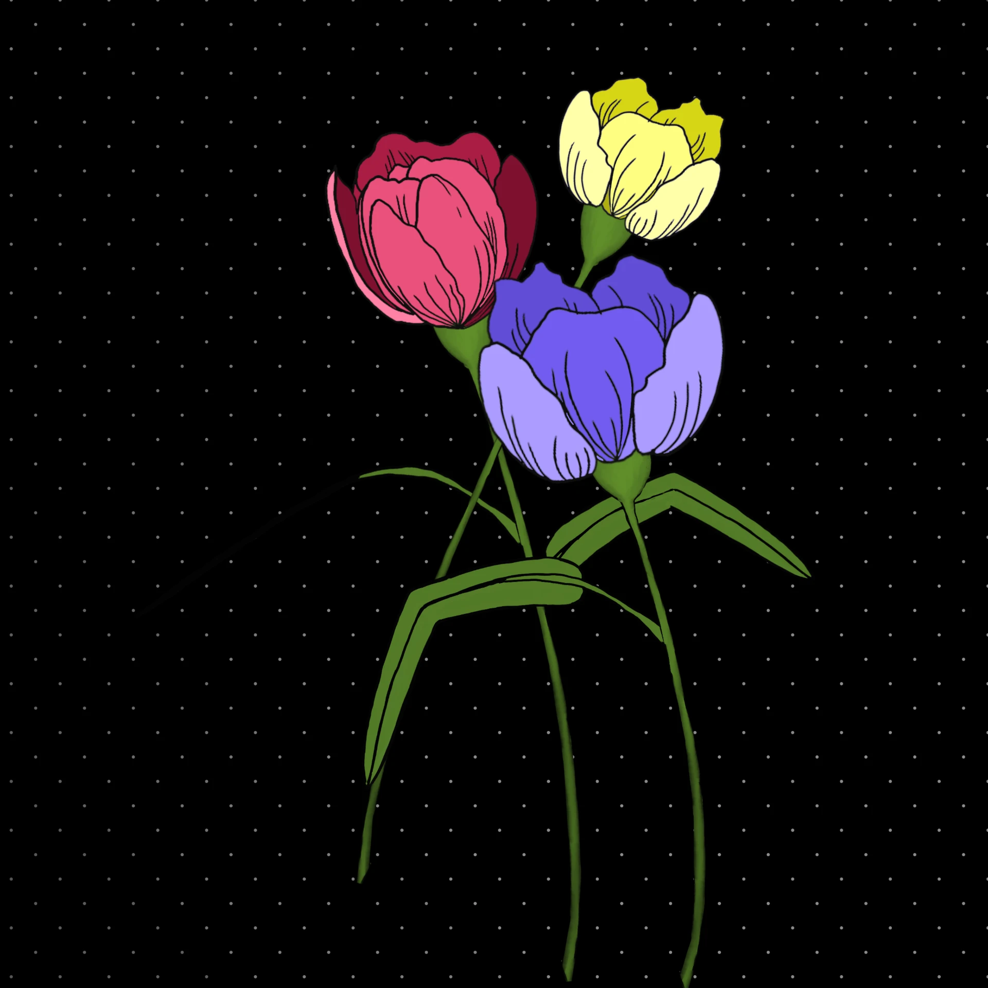 Tulip trio placement print in pink, yellow, and purple on a black dotted ground