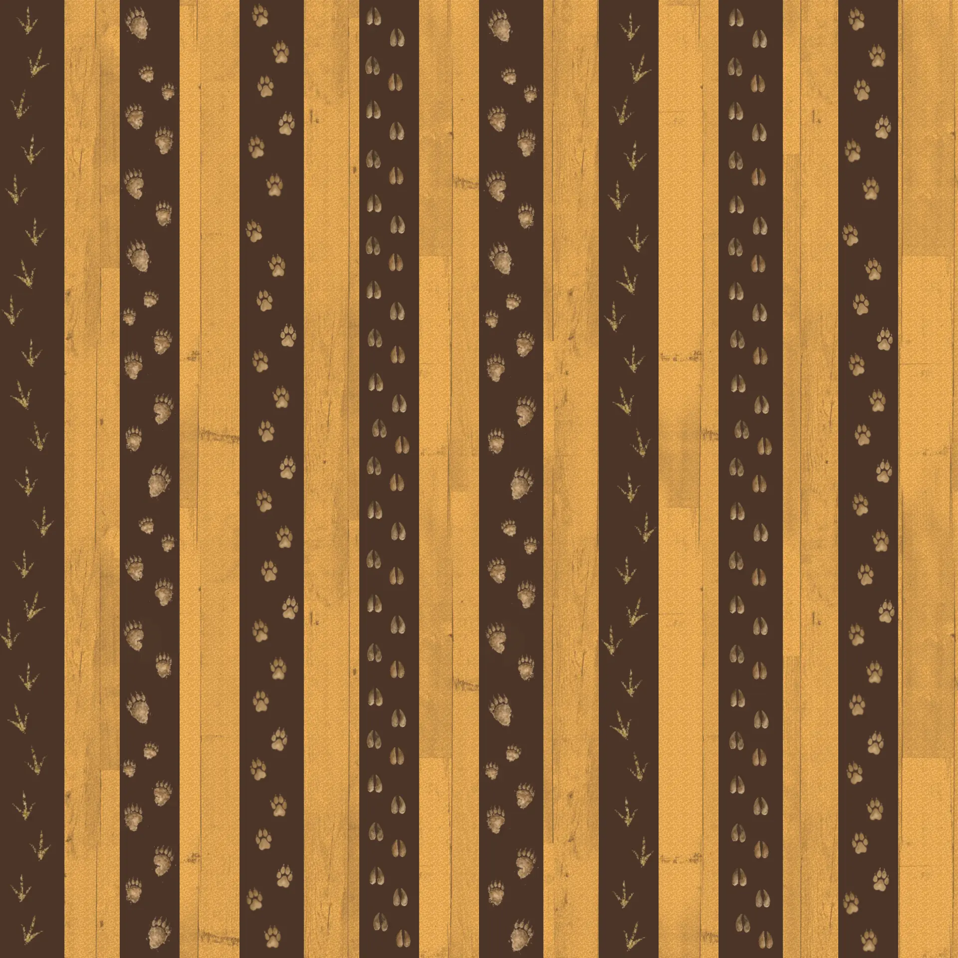 Woodland stripe pattern with animal tracks on wood-grain and dark brown bands
