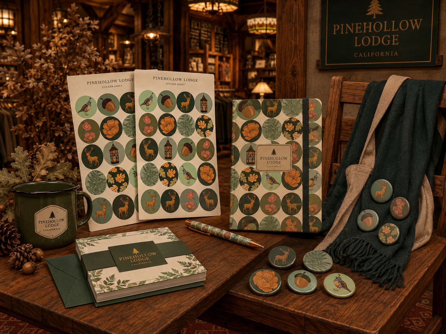Pine Hollow icon medallions on sticker sheets, a journal, notecards, an enamel mug, and pin badges in a lodge gift shop