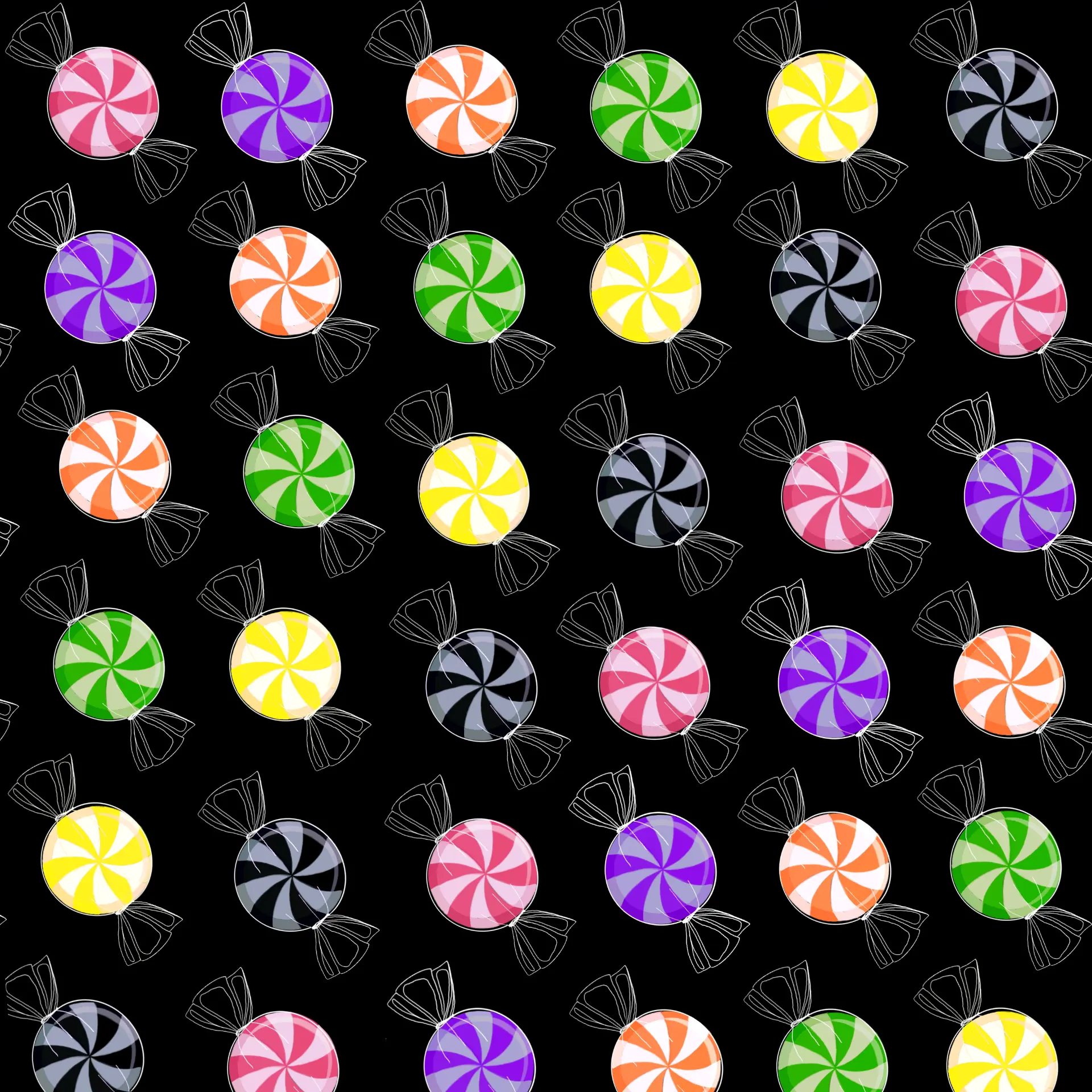 Swirl candy repeat pattern on a black ground