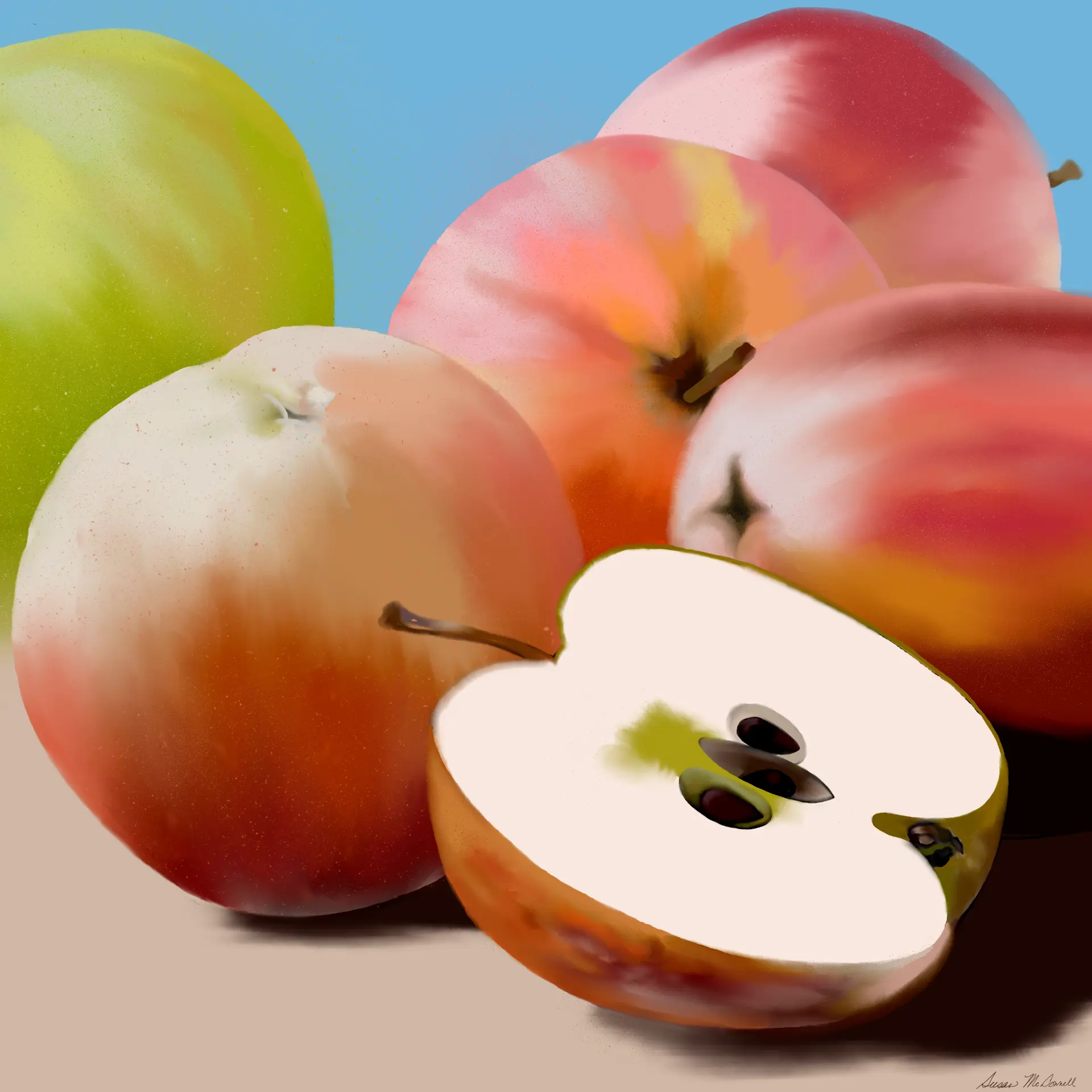 Painted still life of apples with one cut in half