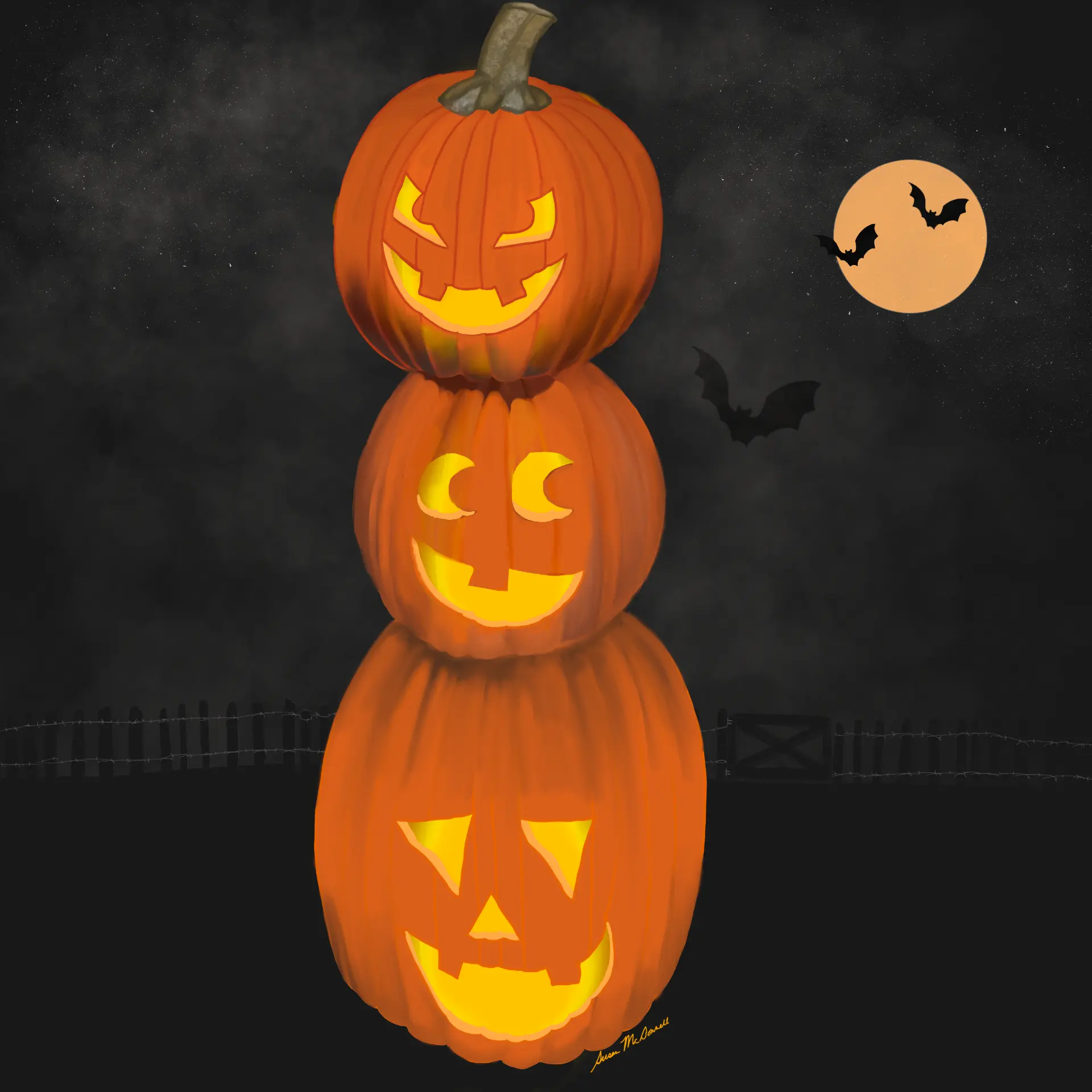 Stack of three carved jack-o'-lanterns glowing under a moon with bats