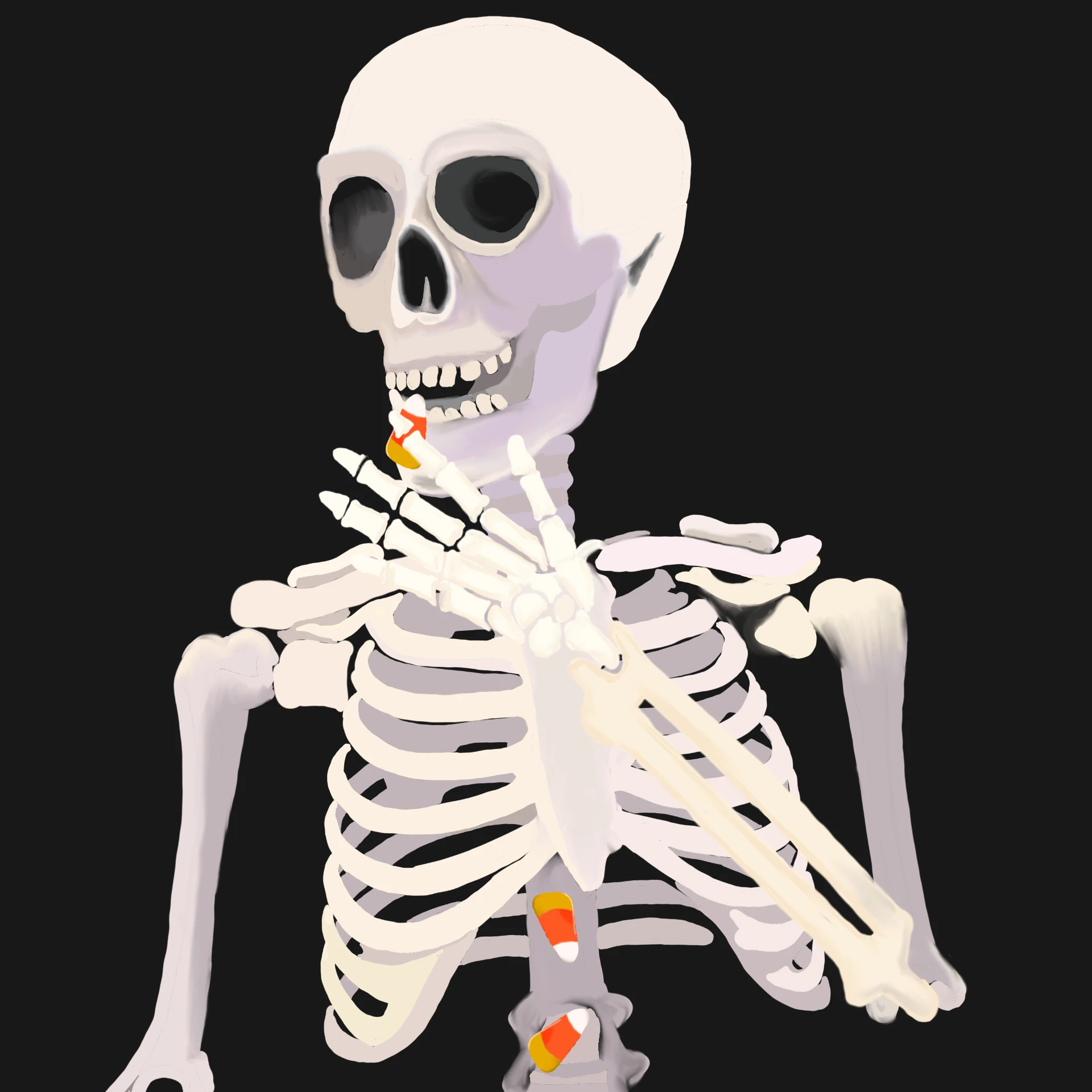 Skeleton eating candy corn on a black ground