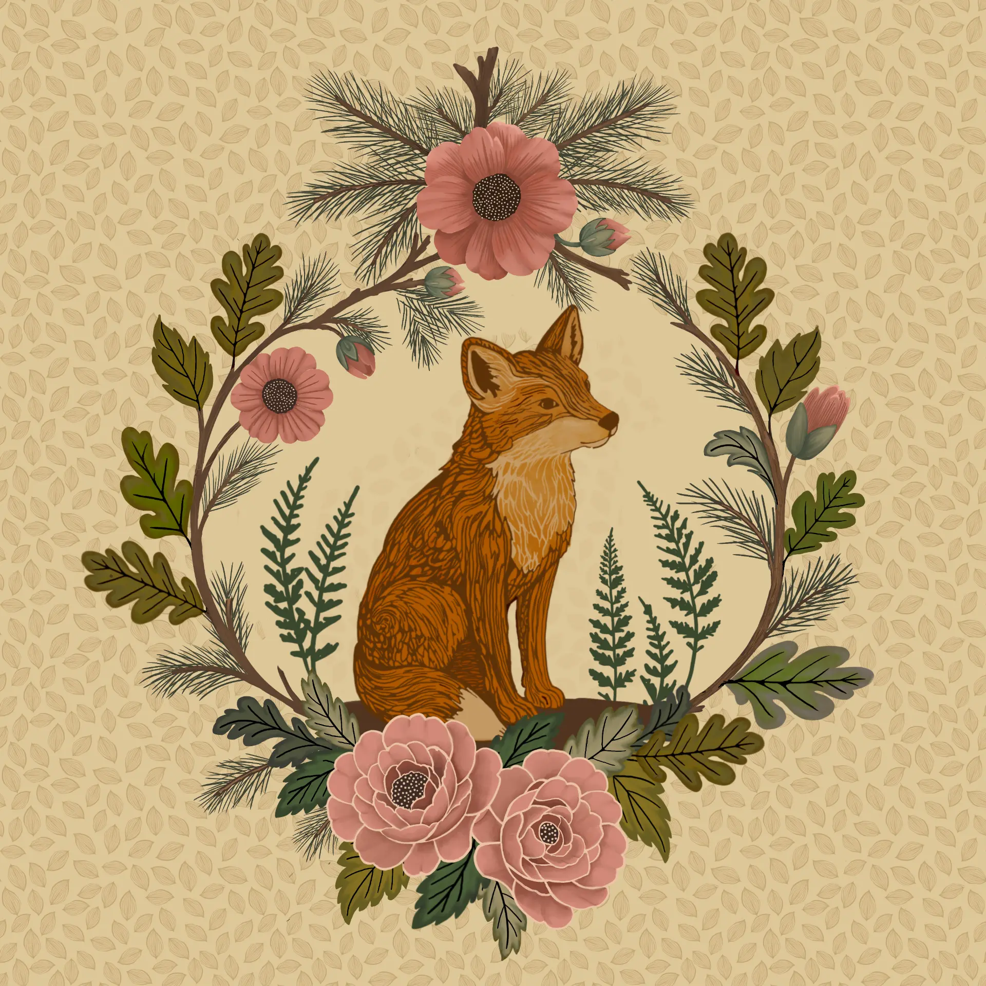 Fox motif framed by a wreath of pine, oak leaves, ferns, and blush roses on a leaf-textured beige ground
