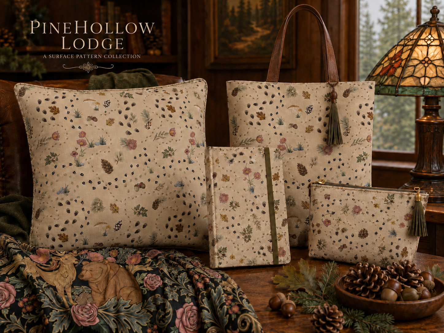 Animal tracks ditsy pattern on a cushion, tote, journal, and zip pouch beside the lodge centrepiece throw