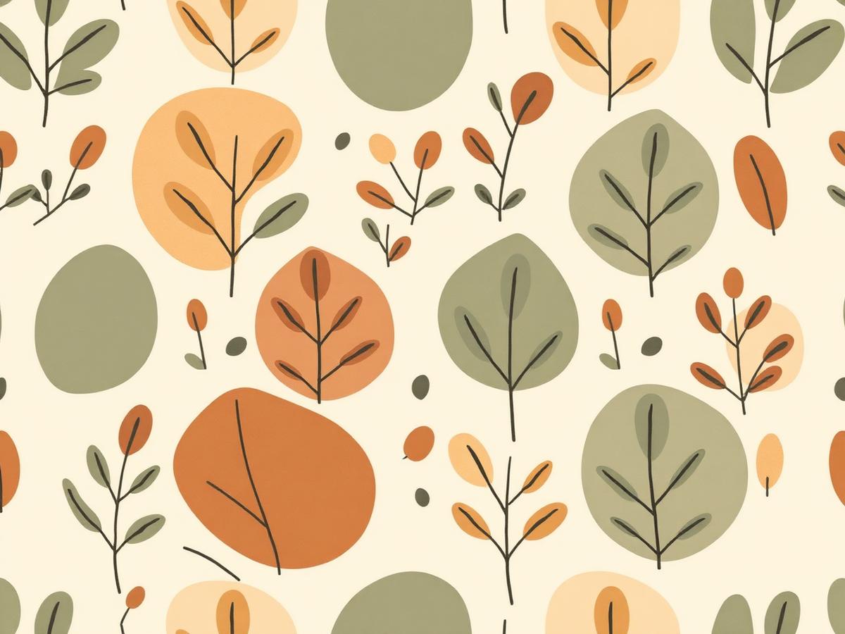 Simple botanical shapes in sage, ochre, and clay on a cream ground