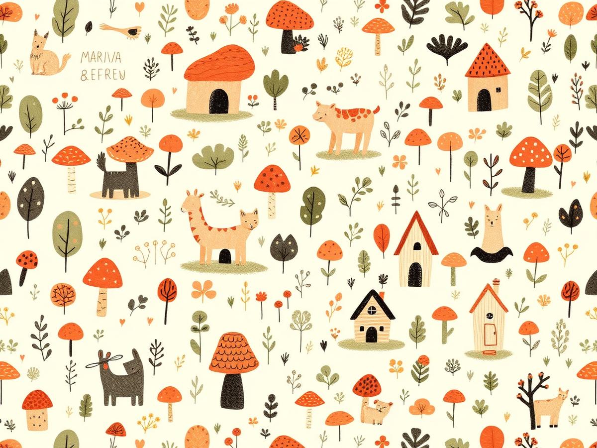 Whimsical folk-art pattern with woodland animals, mushrooms, and small houses