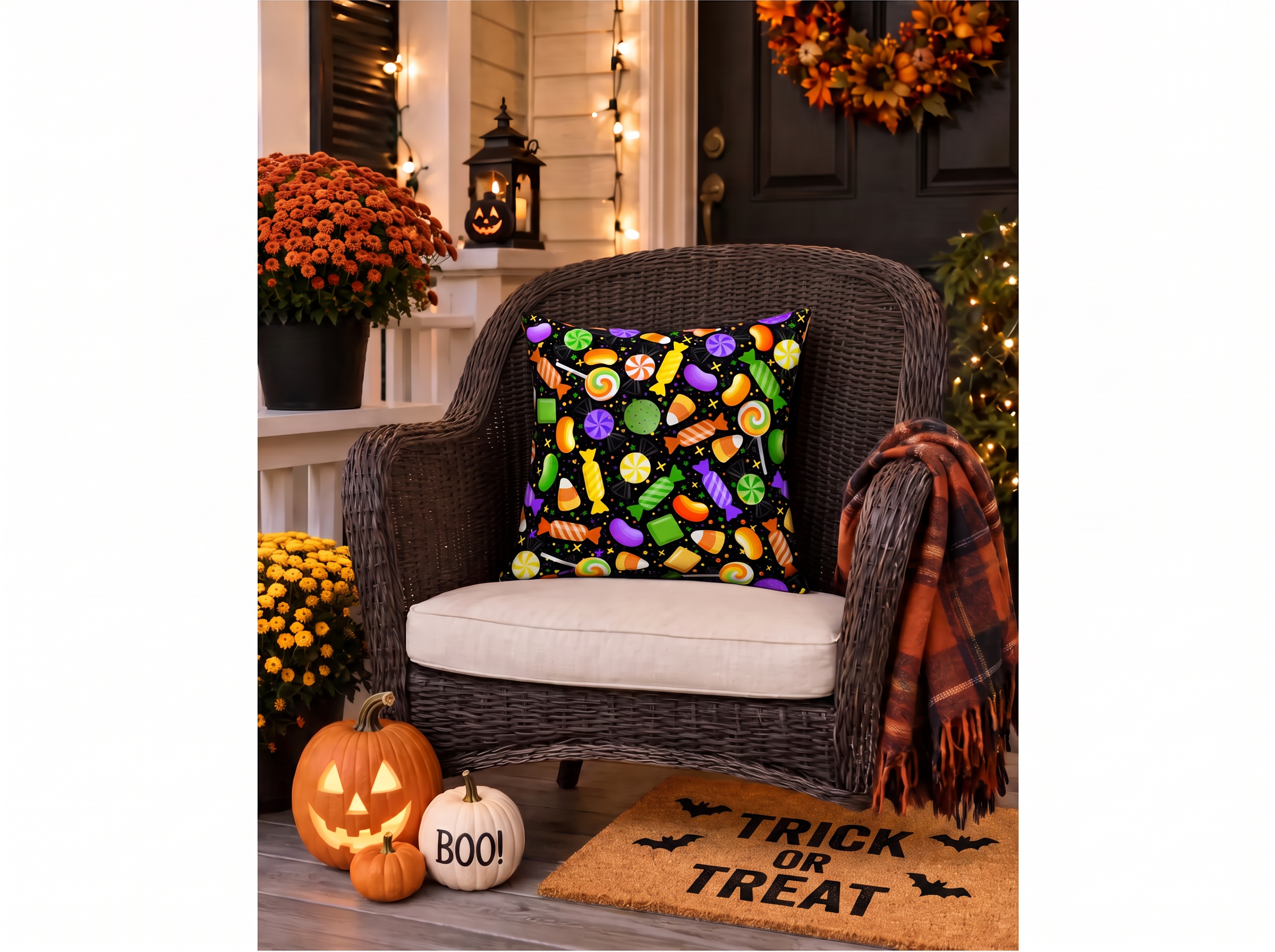 Halloween porch scene with a candy-patterned pillow, pumpkins, and a Trick or Treat mat